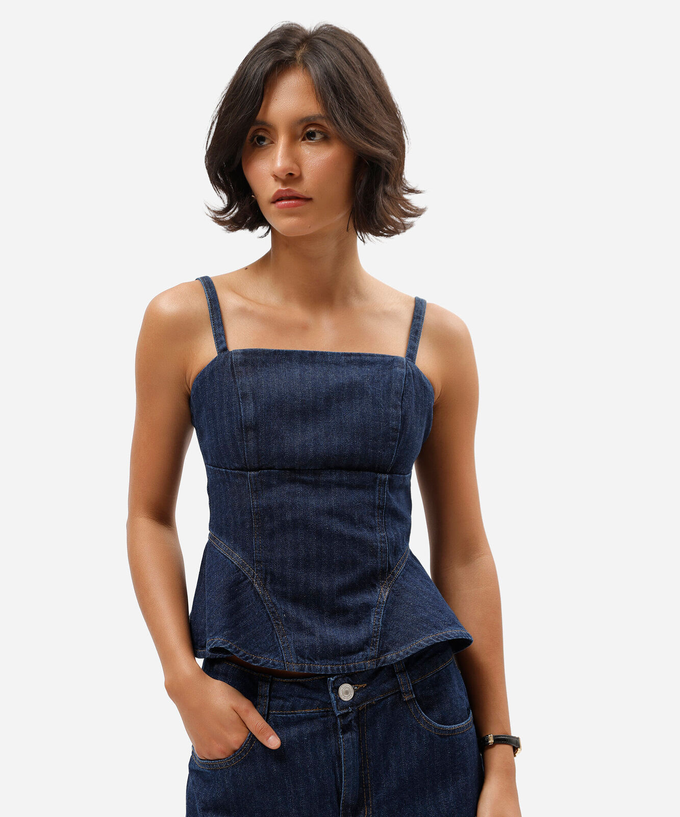 blusa peplum alça fina feminina jeans listrada azul