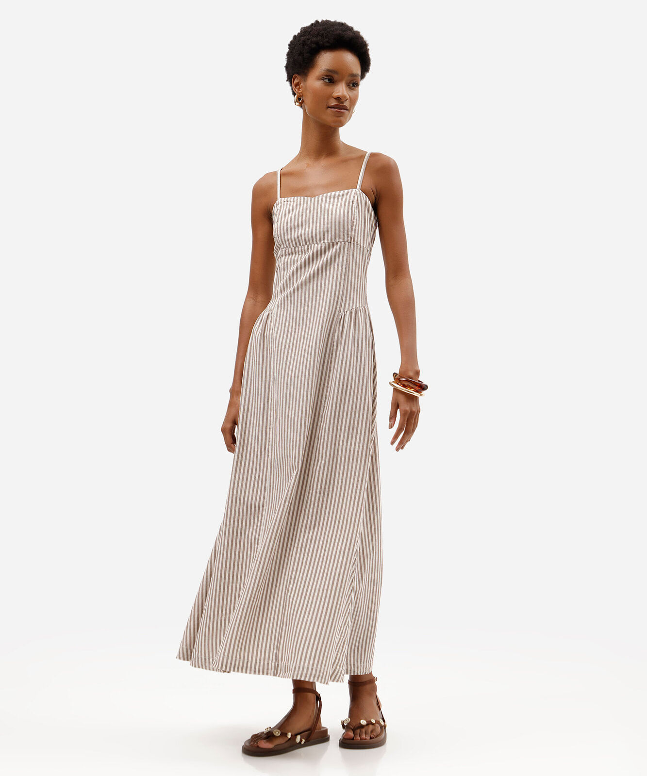 vestido midi alça fina feminino de sarja listrado bege