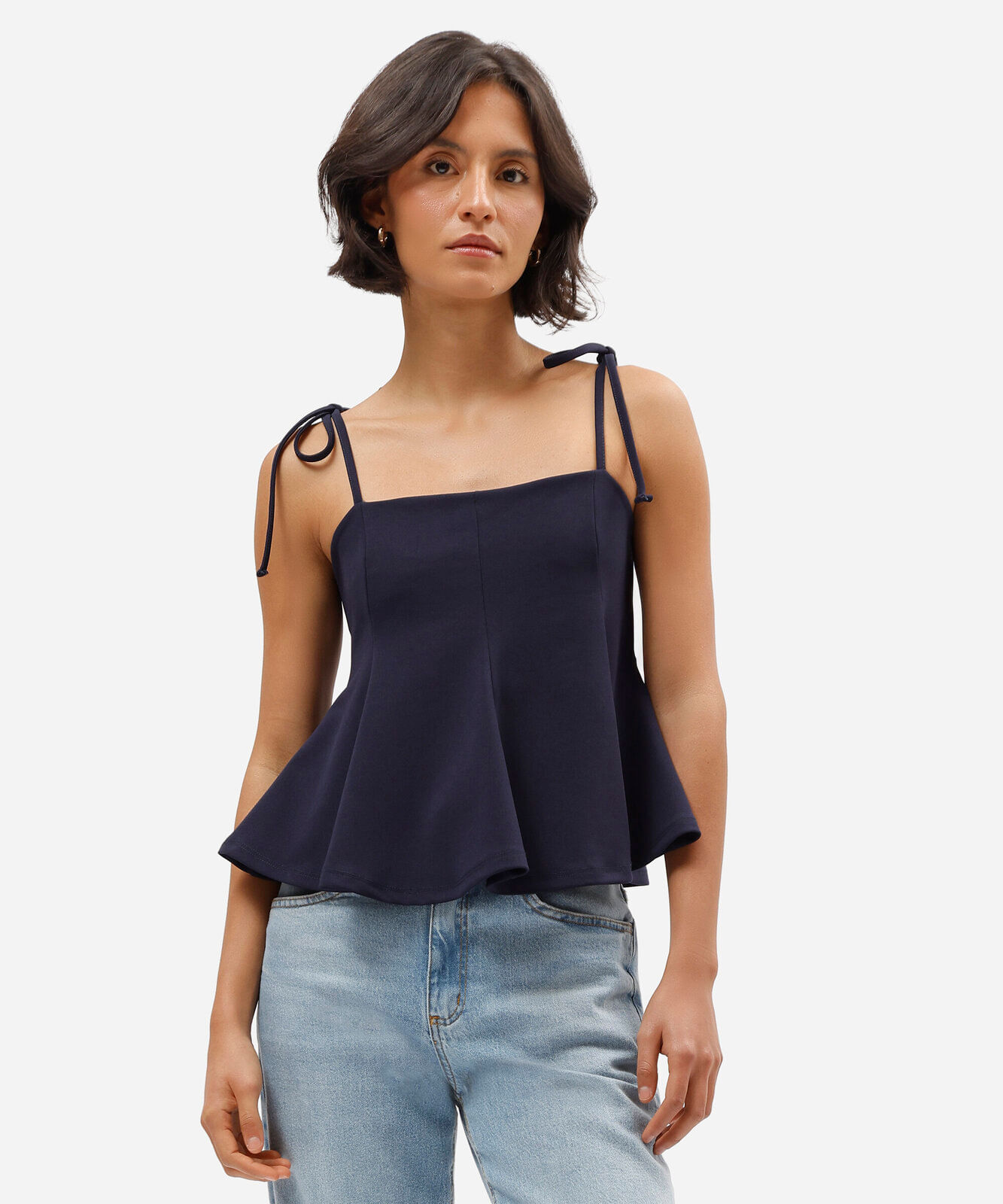 regata peplum feminina com recortes e amarração azul