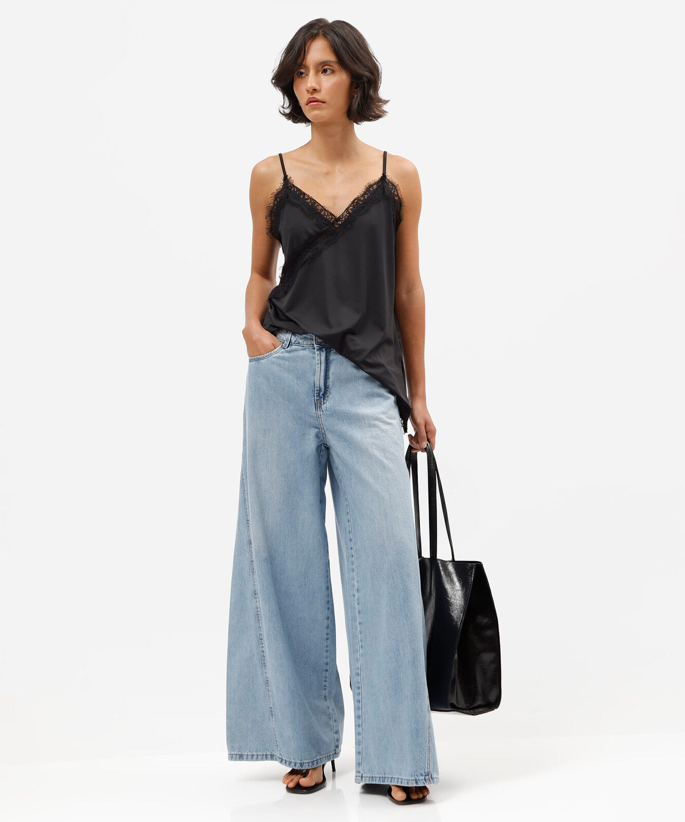 calça super wide leg feminina jeans cintura média azul