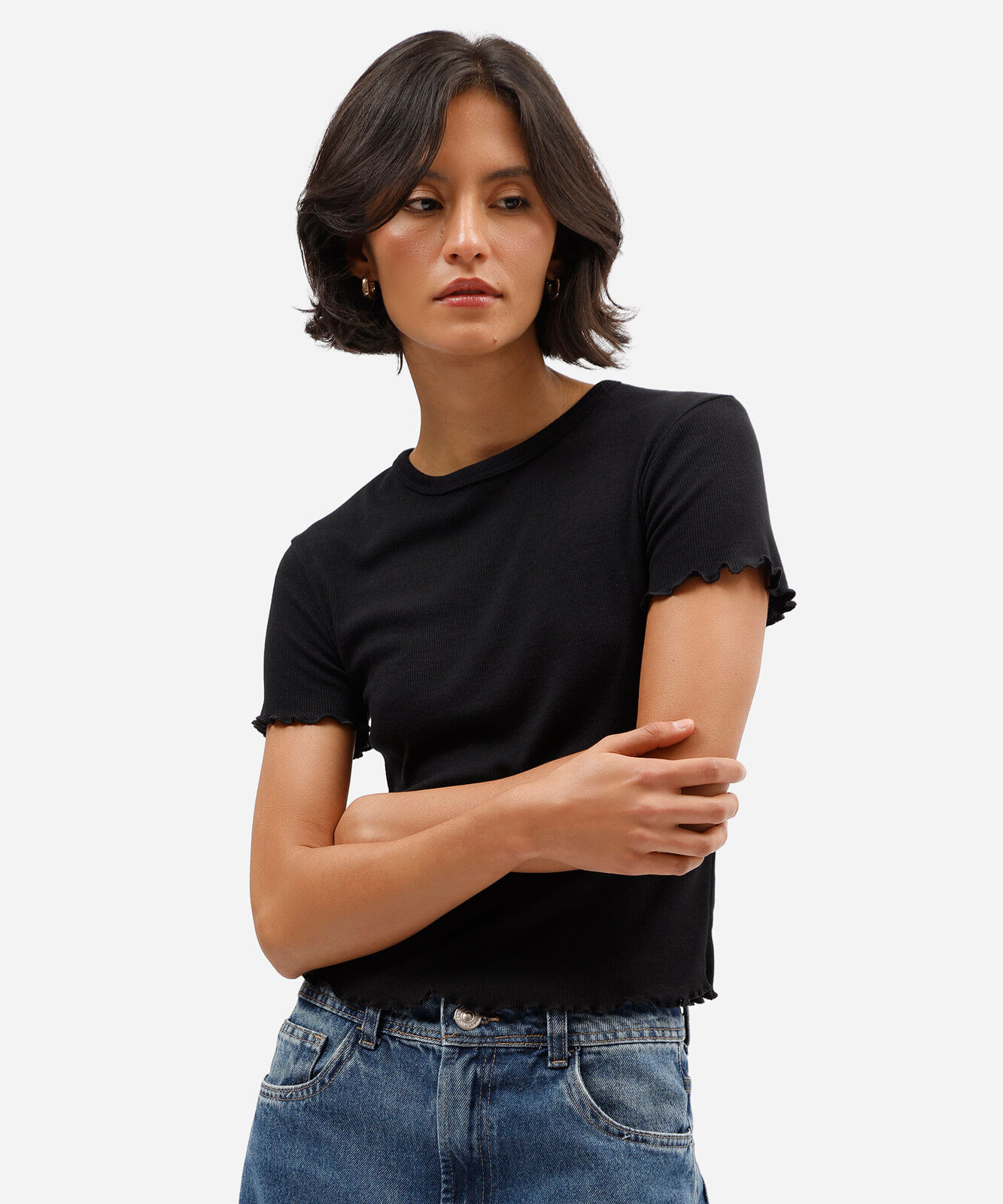 blusa baby look feminina manga curta canelada preta