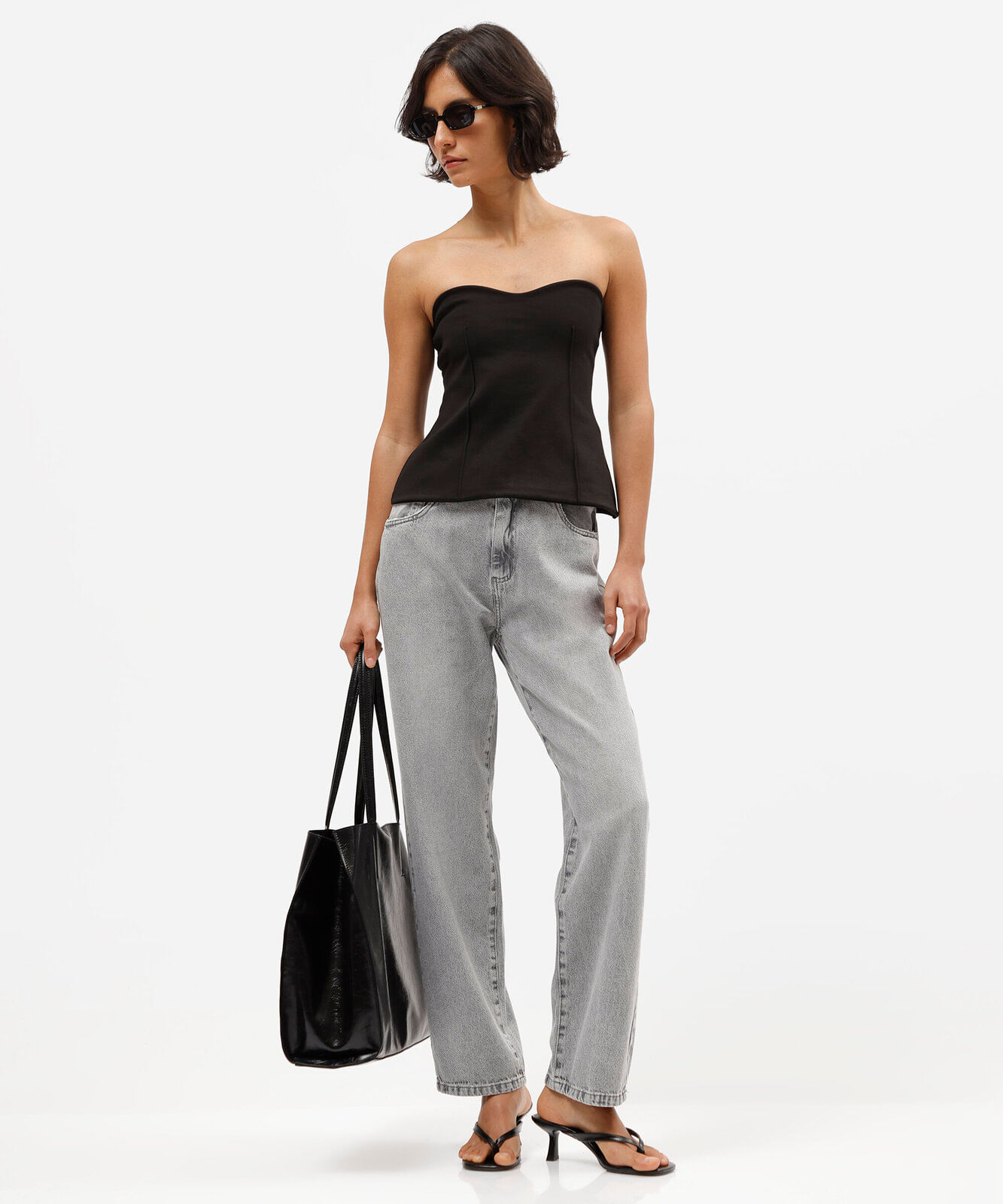 calça reta feminina jeans cintura média sawary cinza
