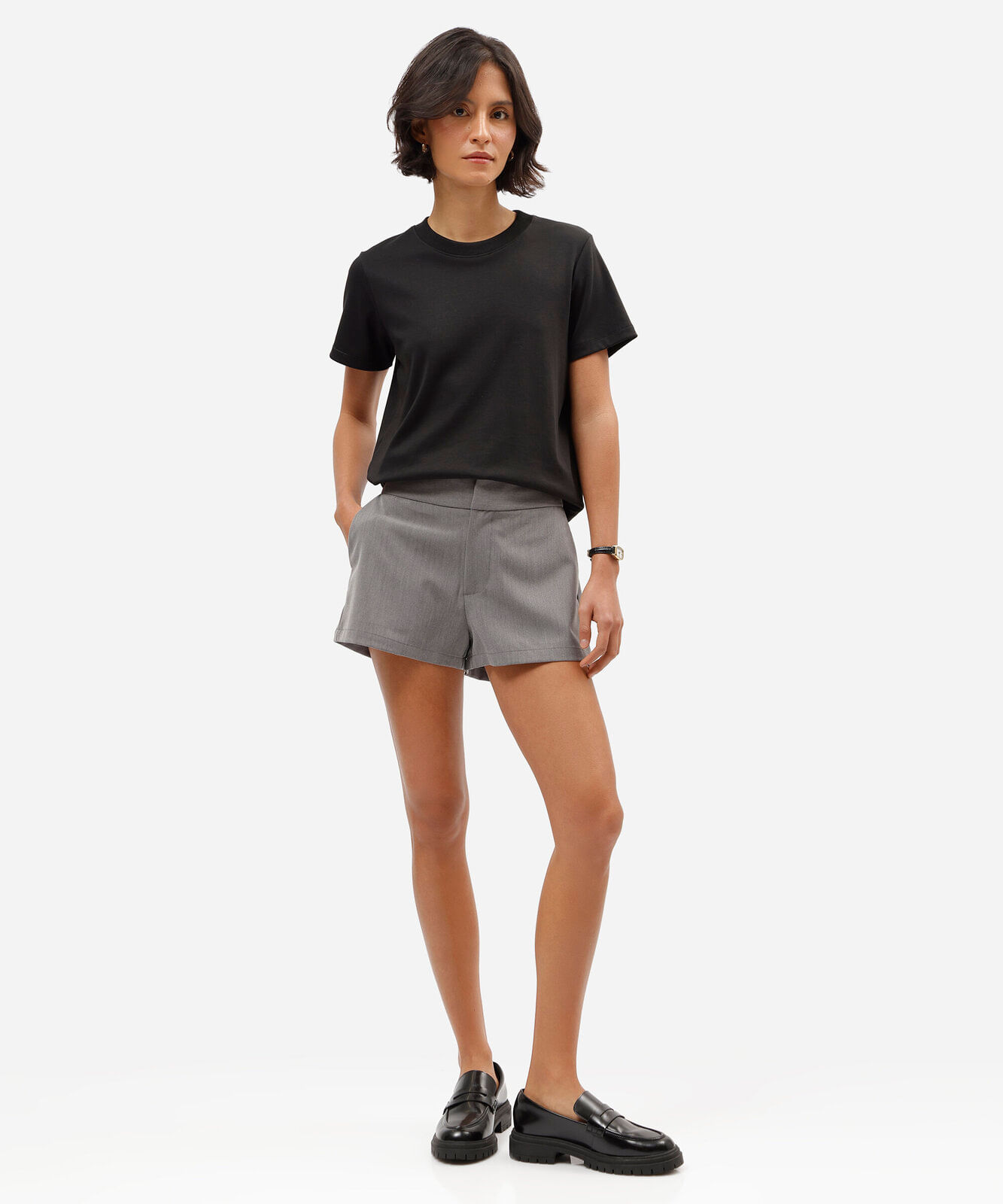 short de alfaiataria feminino cintura alta cinza