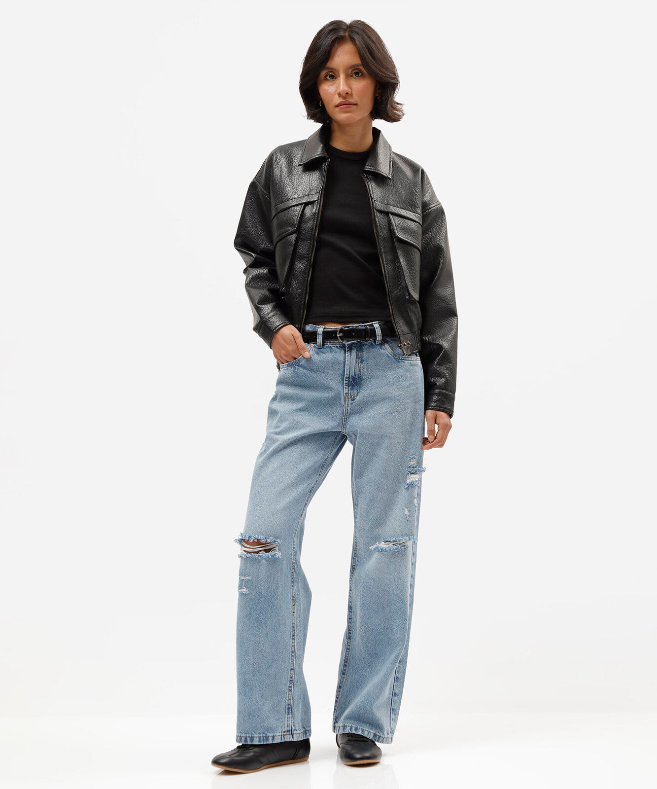 calça wide leg slim feminina jeans cintura baixa destroyed azul