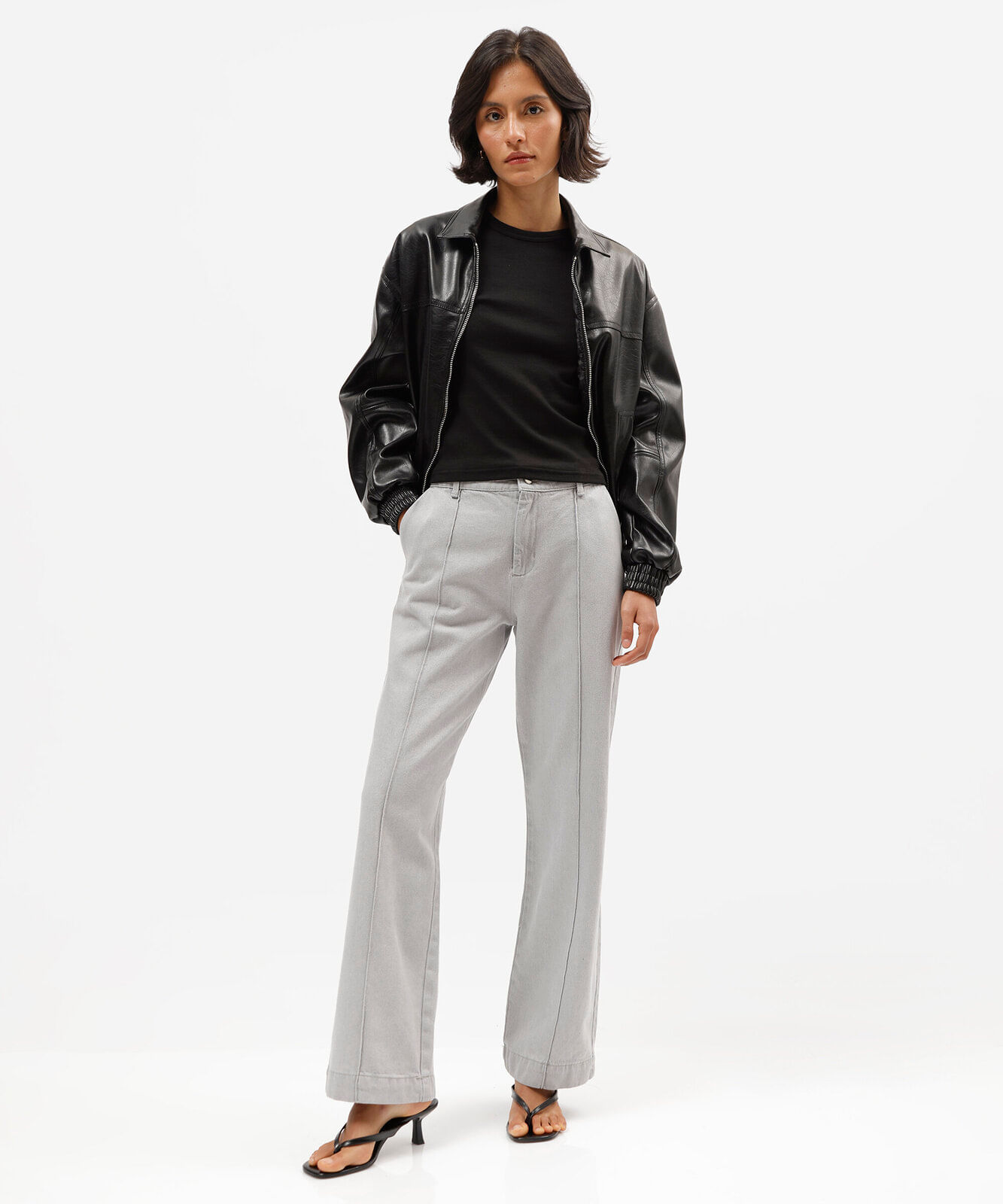 calça wide leg slim feminina jeans cintura média cinza