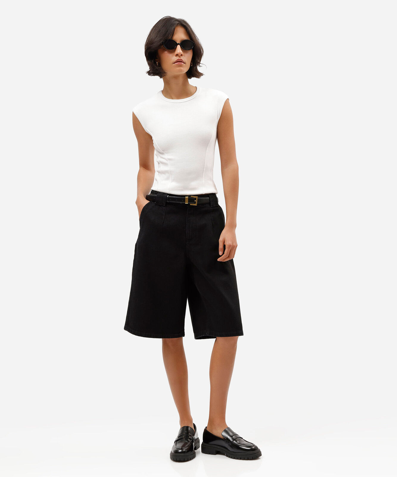 bermuda jorts feminina jeans cintura média preta