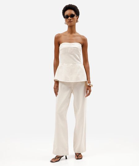 macacão peplum feminino de sarja sem alça off white P