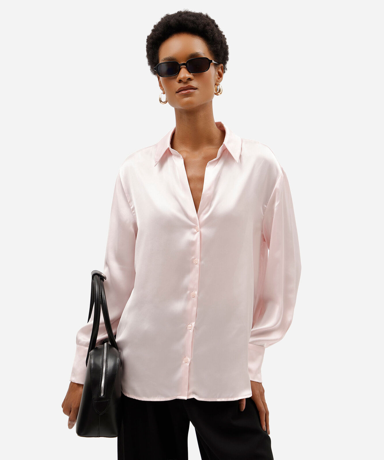 camisa feminina manga longa acetinada rosa