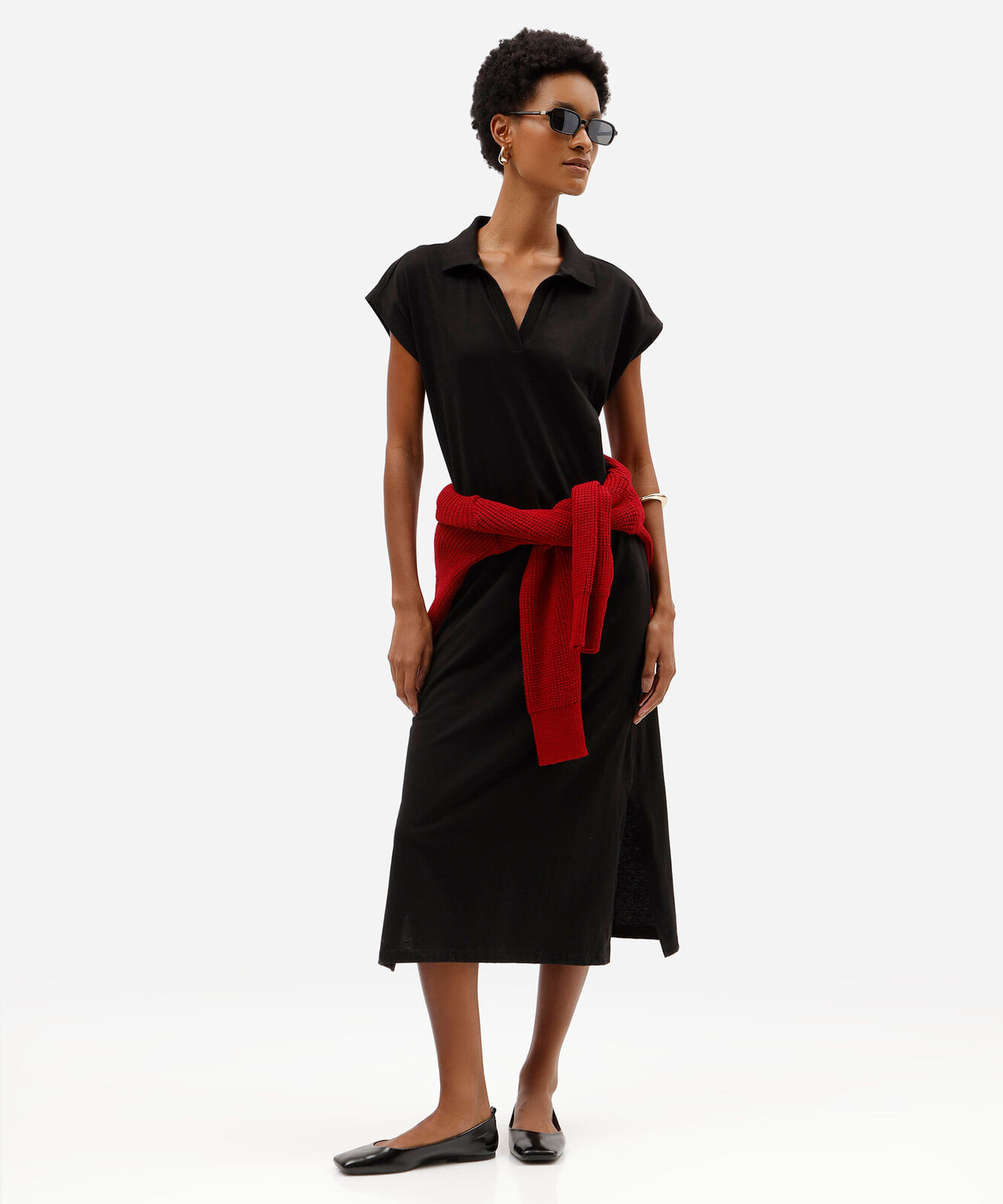 vestido midi feminino de algodão com gola e fendas manga curta preto