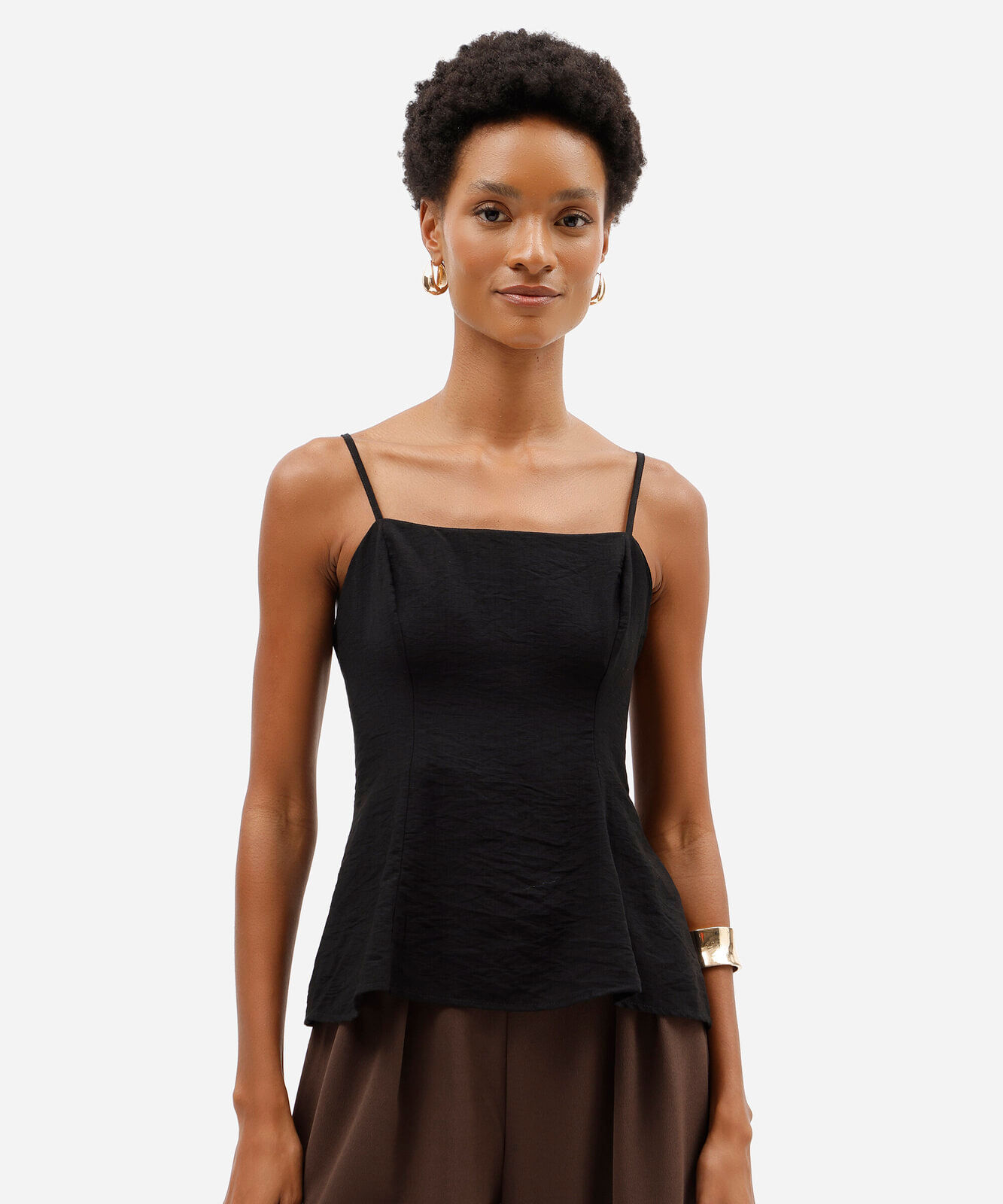 top peplum feminino de alças finas em tecido plano preta