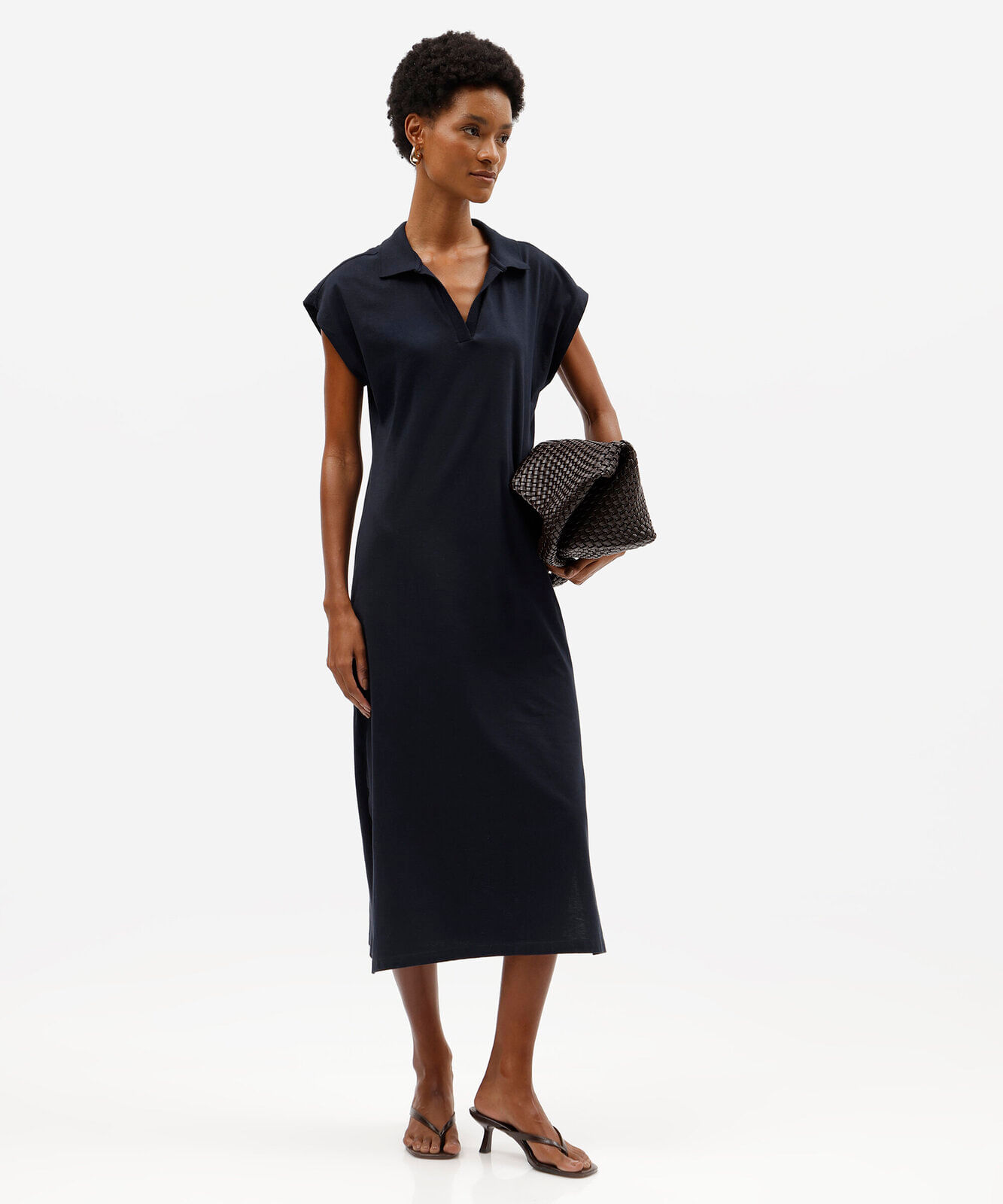 vestido midi feminino de algodão com gola e fendas manga curta azul