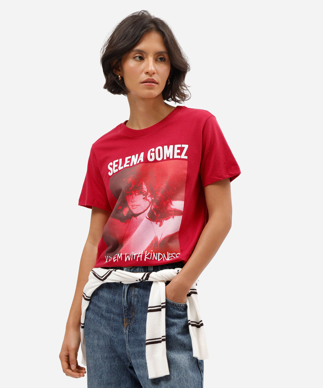 camiseta feminina de algodão manga curta selena gomez vermelha