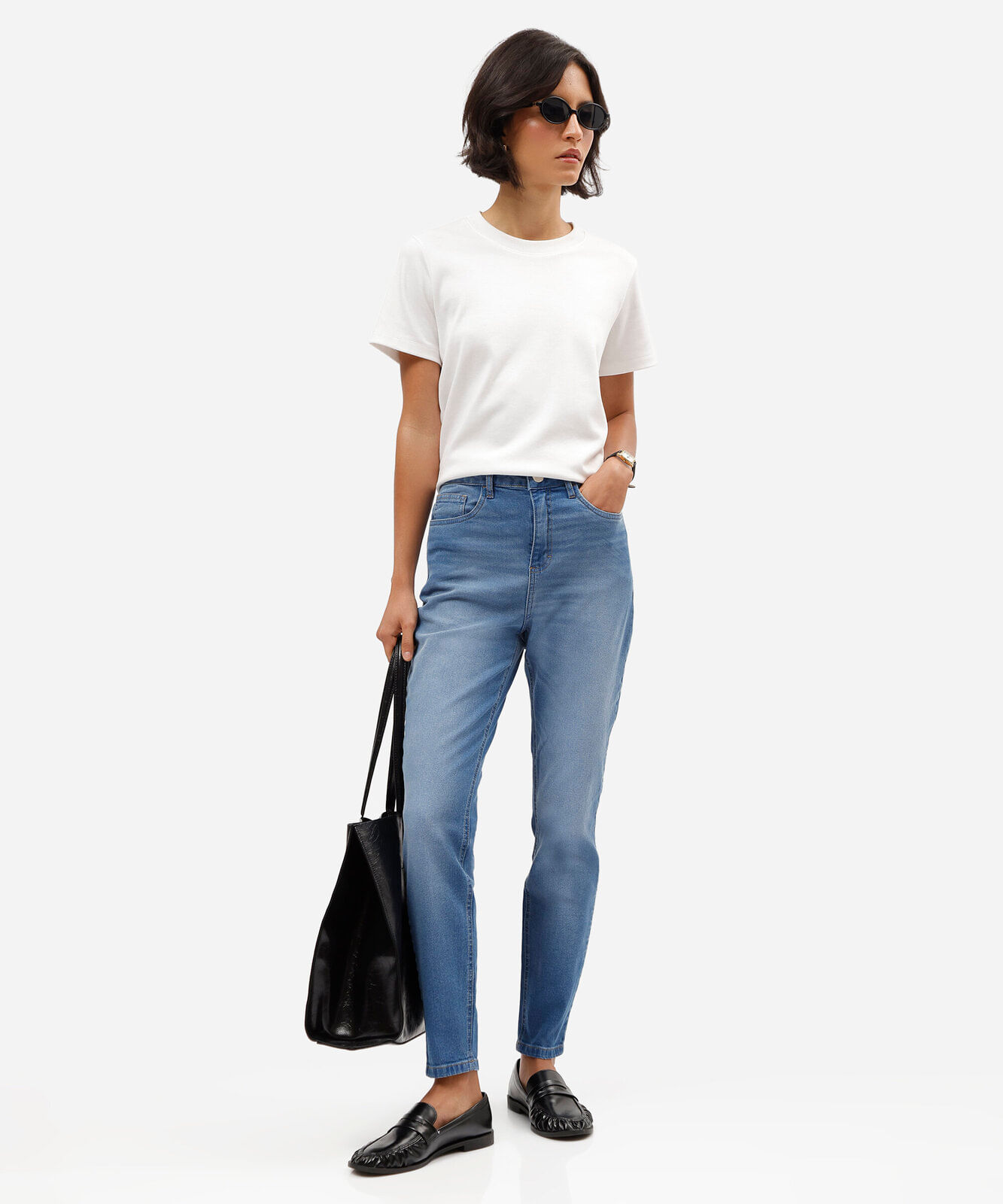 calça jeans skinny cintura super alta stretch com lavagem marmorizada azul