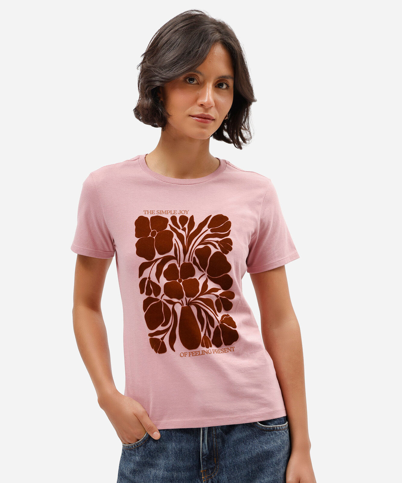 camiseta feminina de algodão manga curta floral rosa