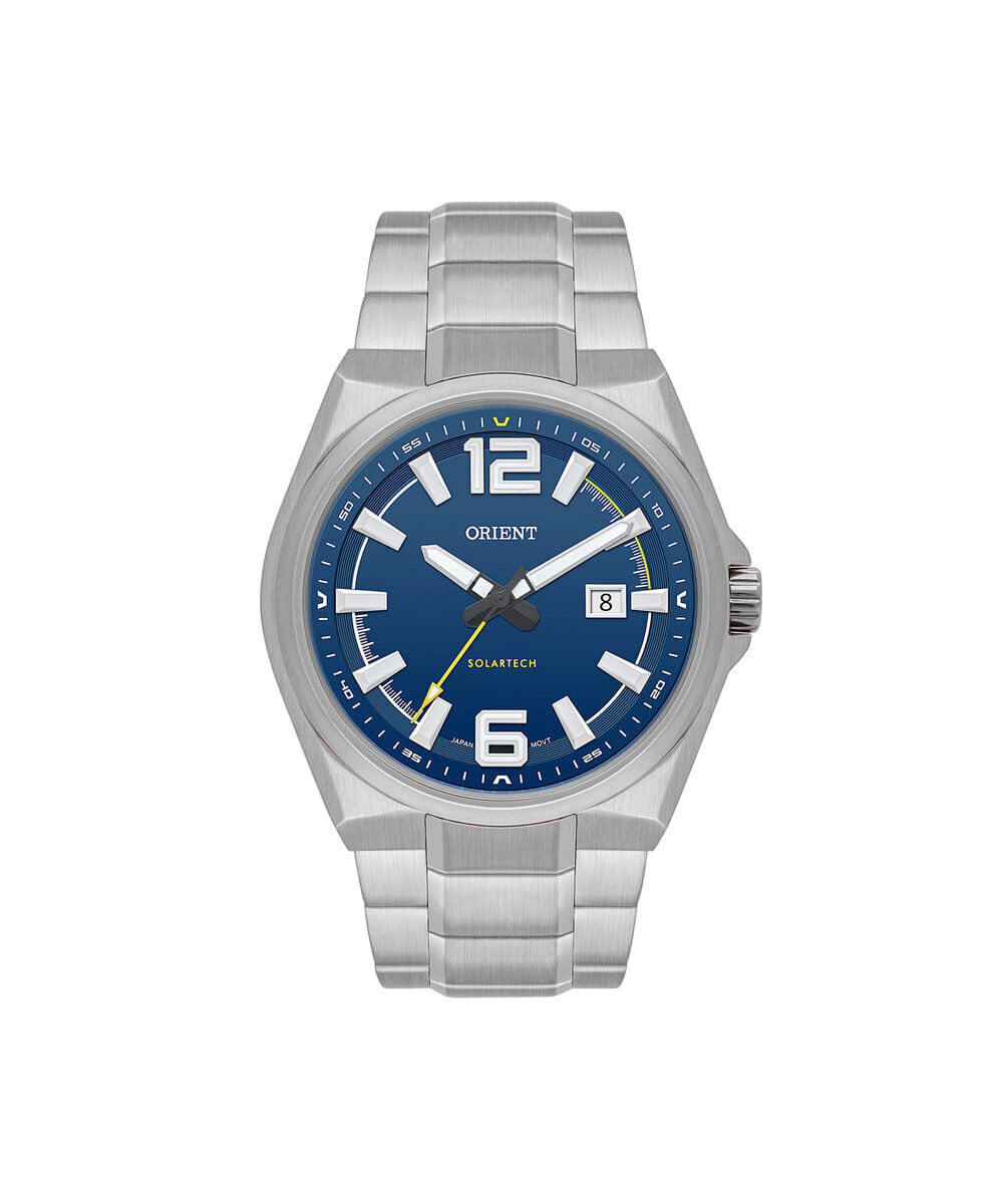 relógio masculino orient solartech analógico calendário mbss1509 d2sx prateado