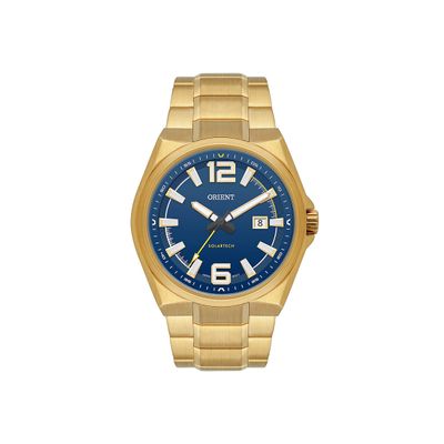 relógio masculino orient solartech analógico calendário mgss1301 d2kx dourado