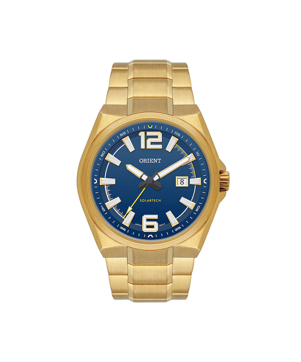 relógio masculino orient solartech analógico calendário mgss1301 d2kx dourado