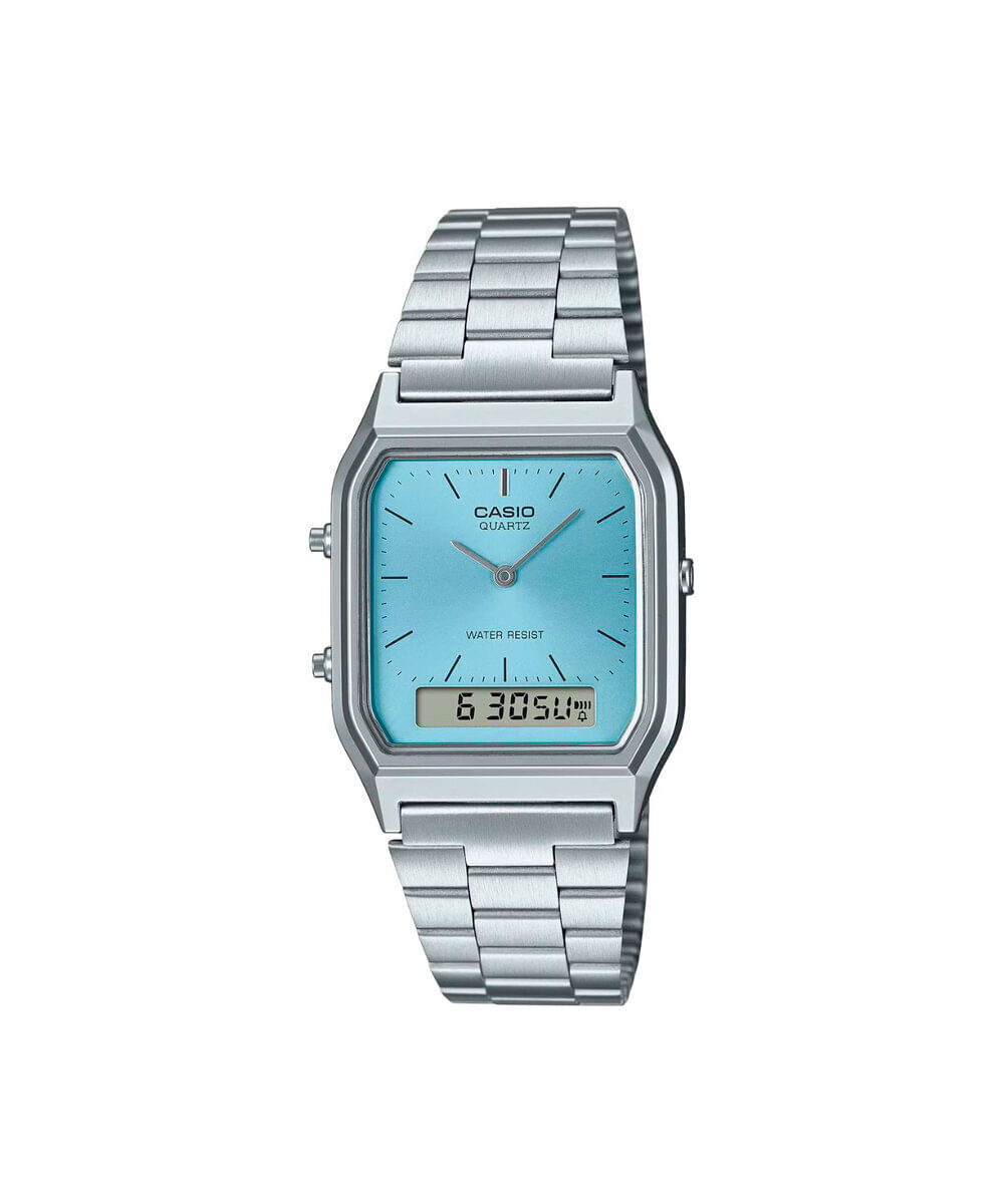 relógio feminino casio analógico digital aq 230a 2a1mqydf prateado