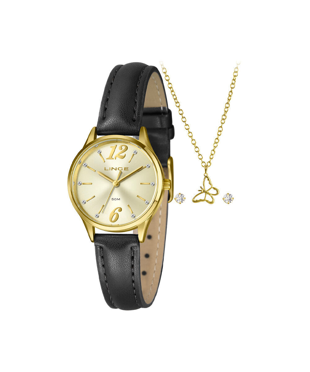 kit relógio feminino lince analógico lrch240l30 k0g4c2px dourado