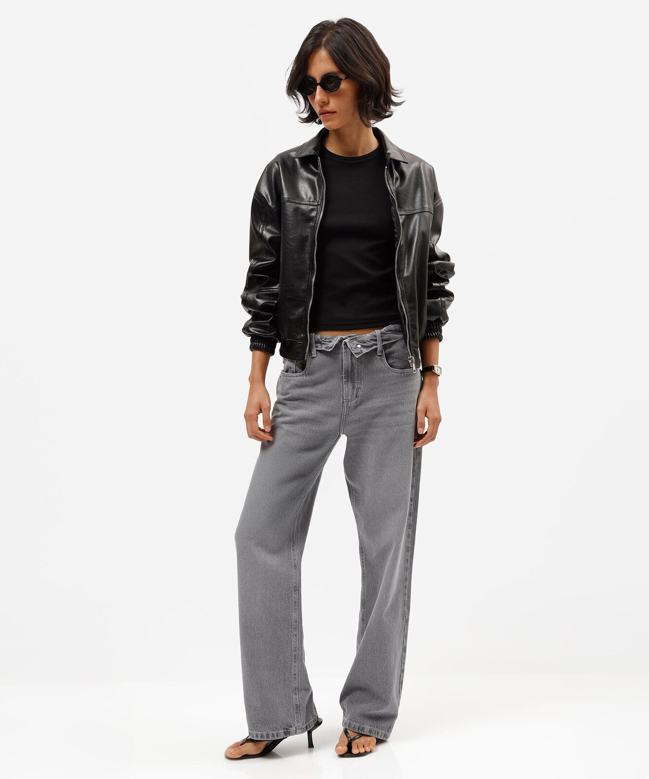 calça wide leg slim feminina jeans cós dobrado cinza