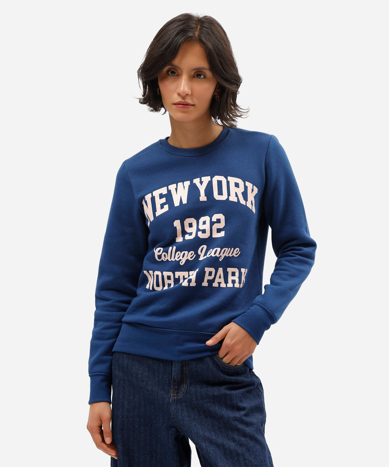 blusão feminino de moletom estampado azul