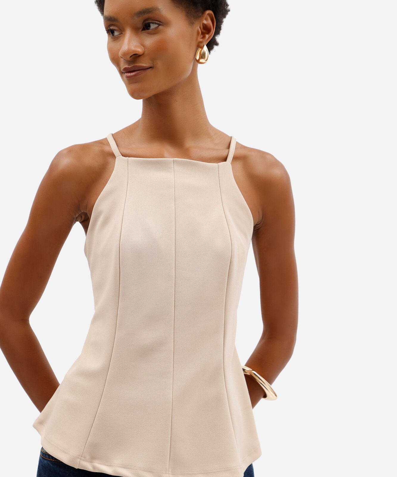 regata peplum feminina alça fina com recortes bege