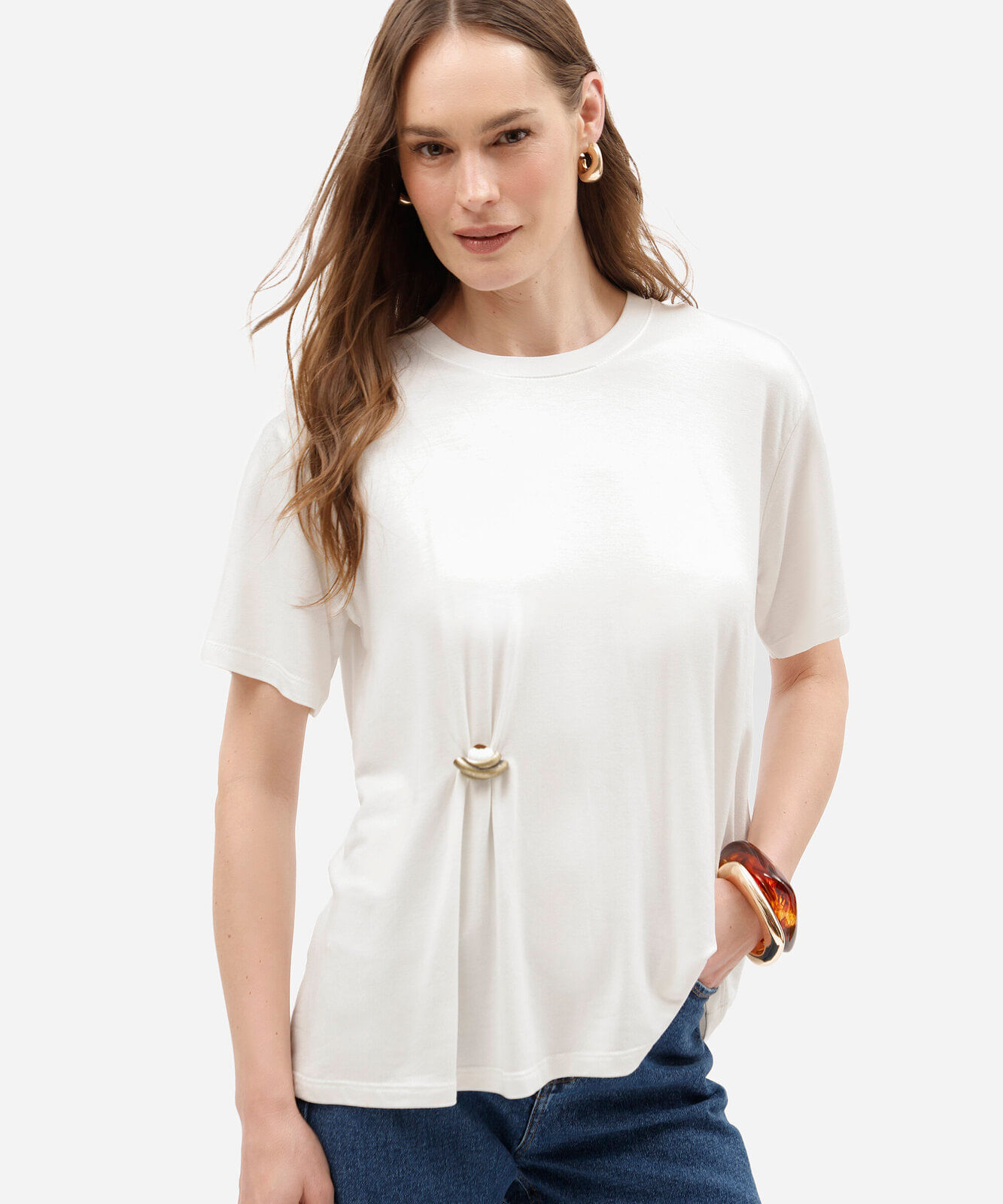 blusa oversized feminina de viscose manga curta com fivela off white
