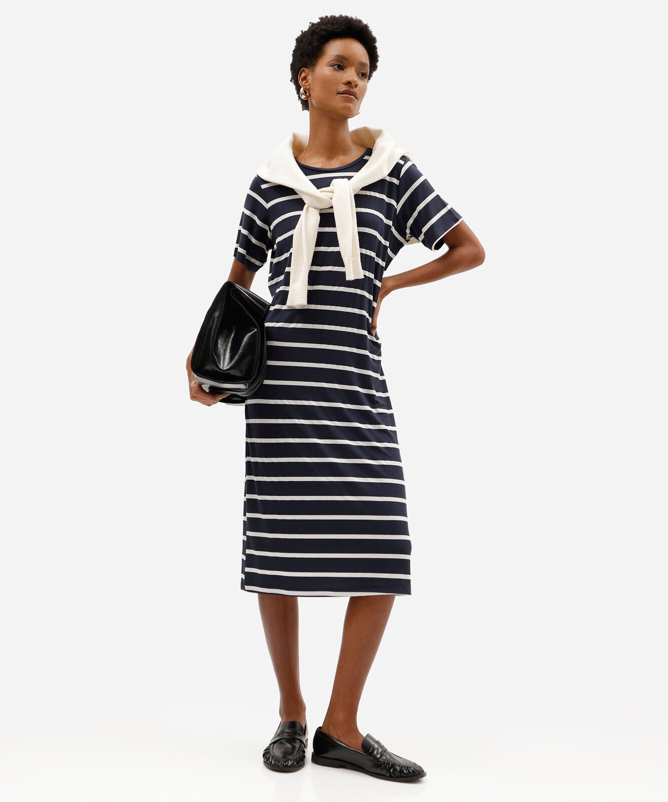 vestido midi feminino com viscose manga curta listrado azul