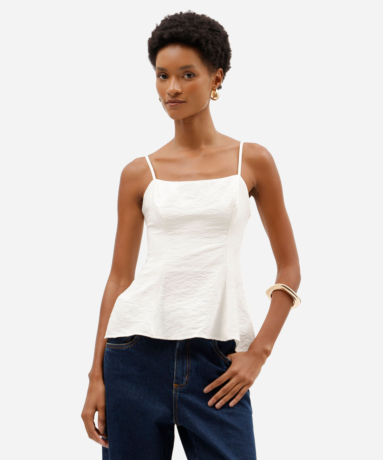 top peplum feminino de alças finas em tecido plano off white