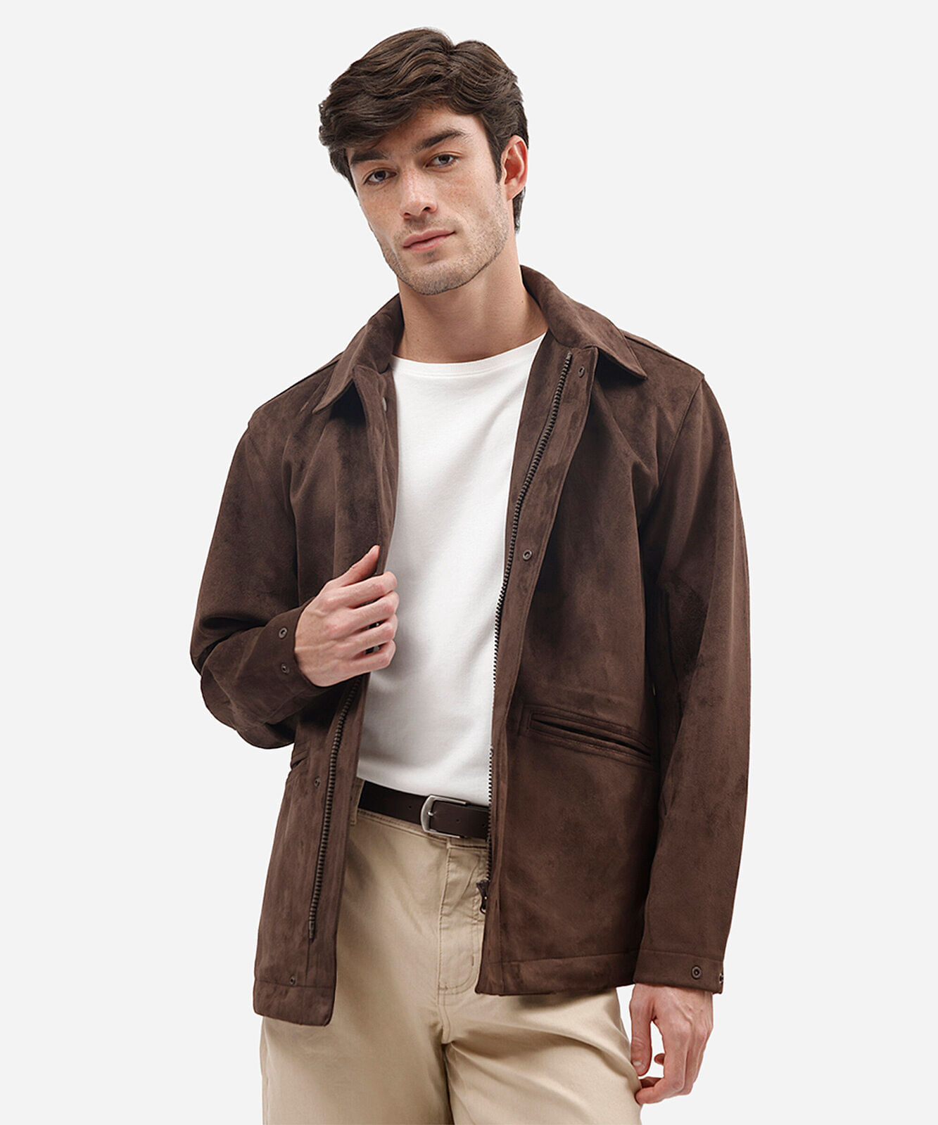 jaqueta masculina de suede com bolsos marrom