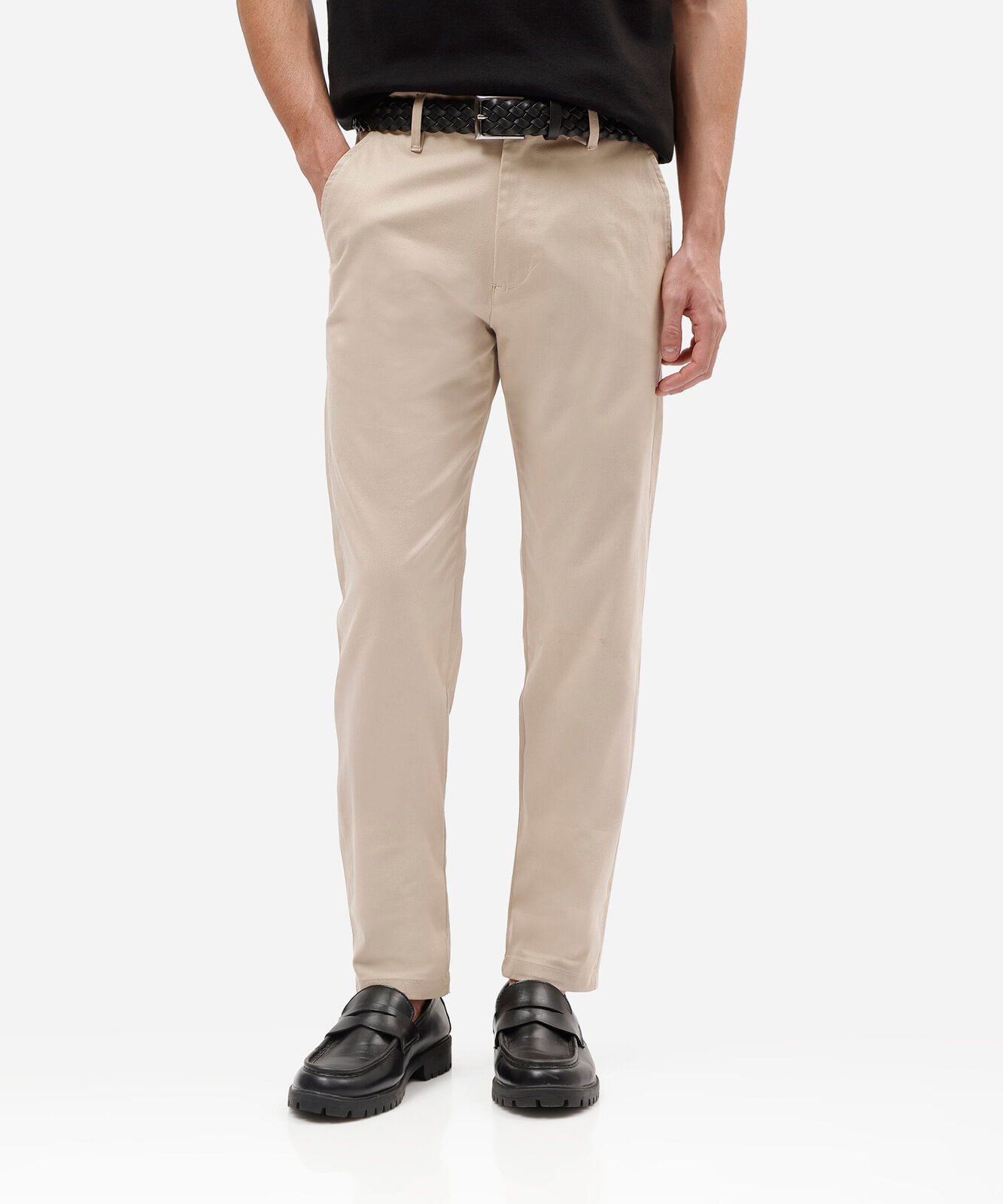 calça reta masculina de alfaiataria cós elástico bege