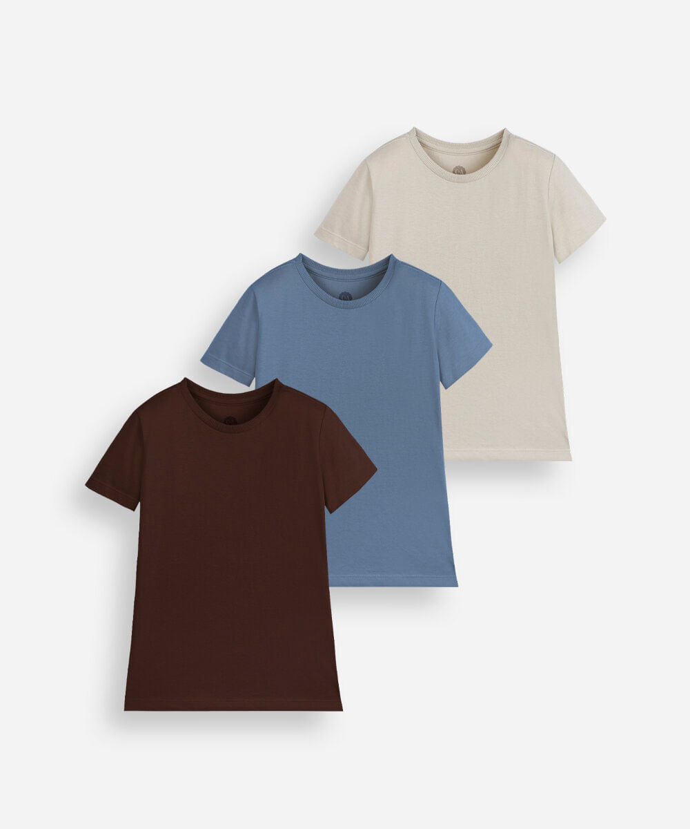 kit de 3 camisetas infantil de algodão manga curta colorido