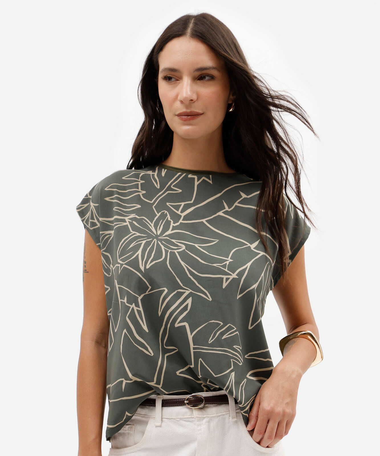 blusa feminina com viscose folhagens verde