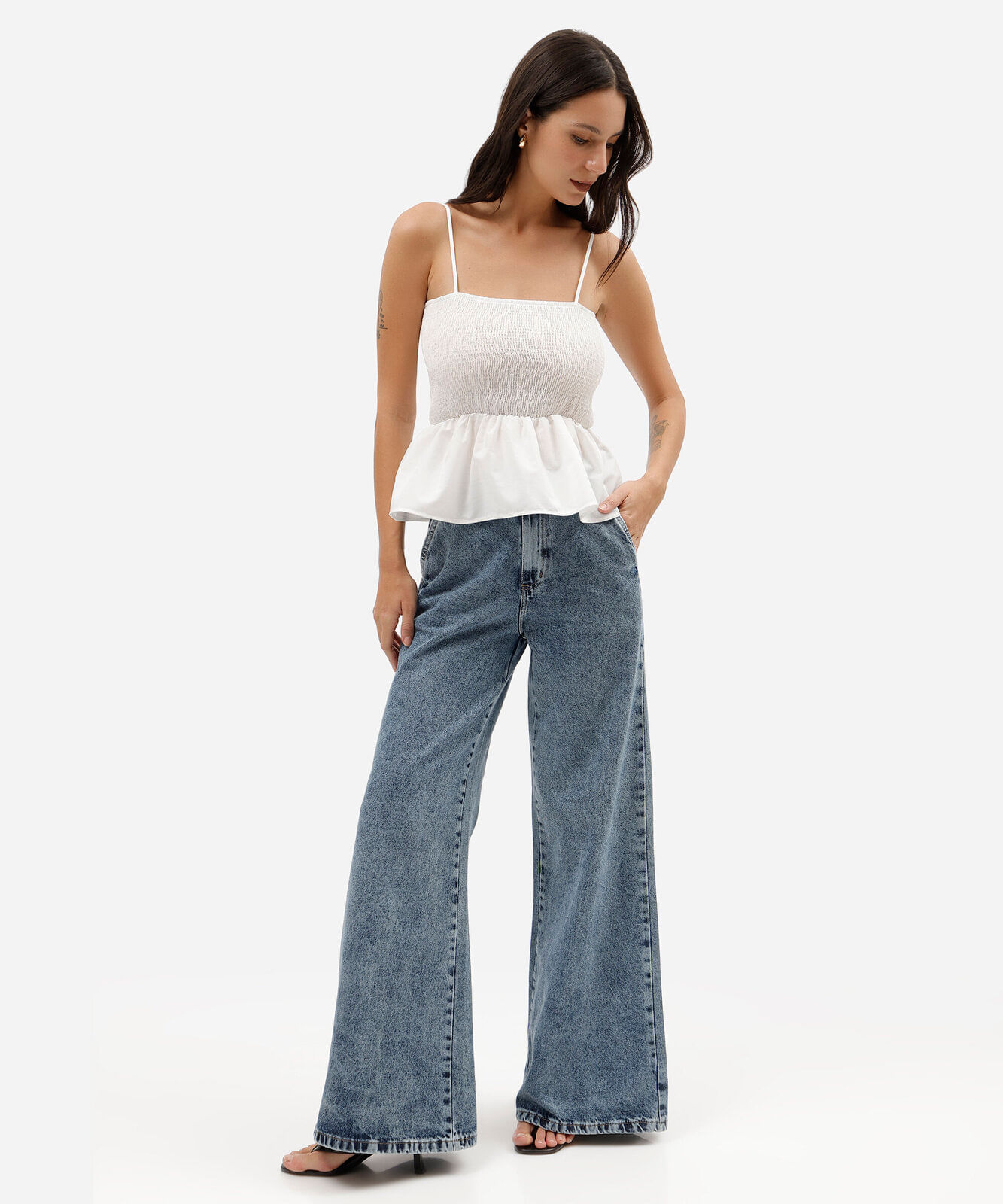 calça super wide leg feminina jeans cintura alta sawary azul
