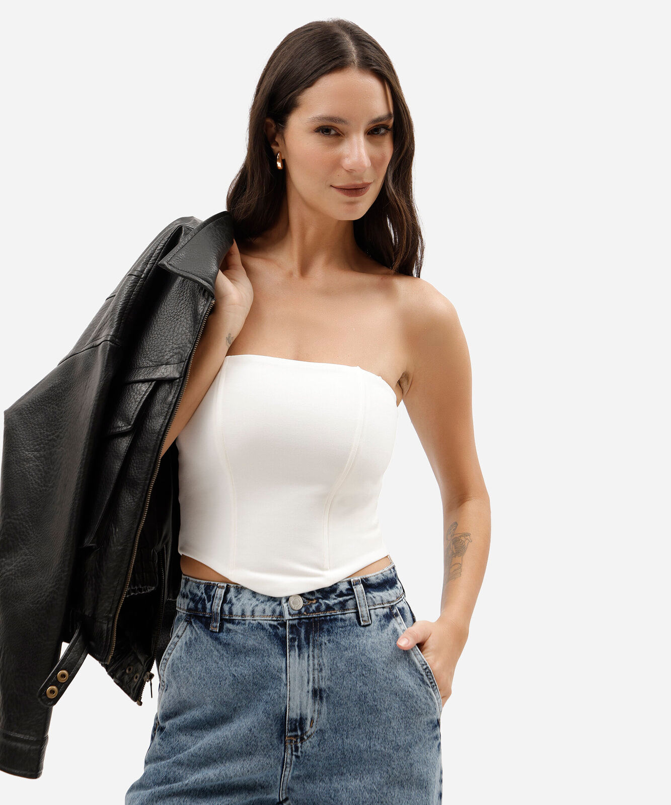 blusa corset sem alça feminina cropped off white