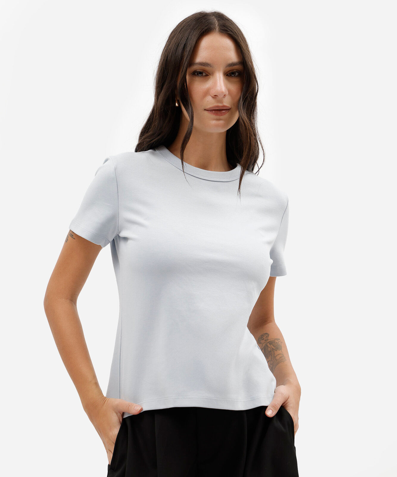 camiseta feminina de manga curta em malha ponto roma azul