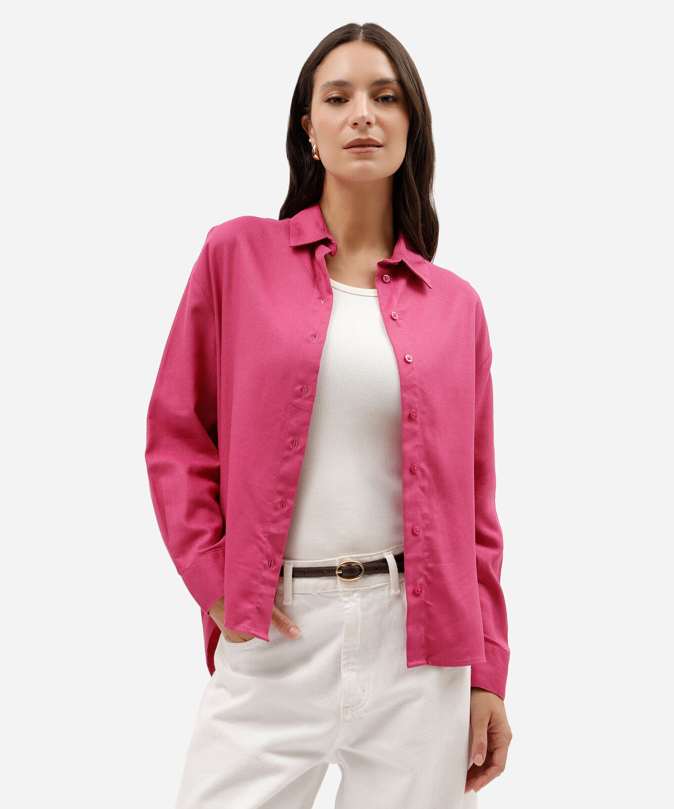 camisa oversized com linho manga longa rosa