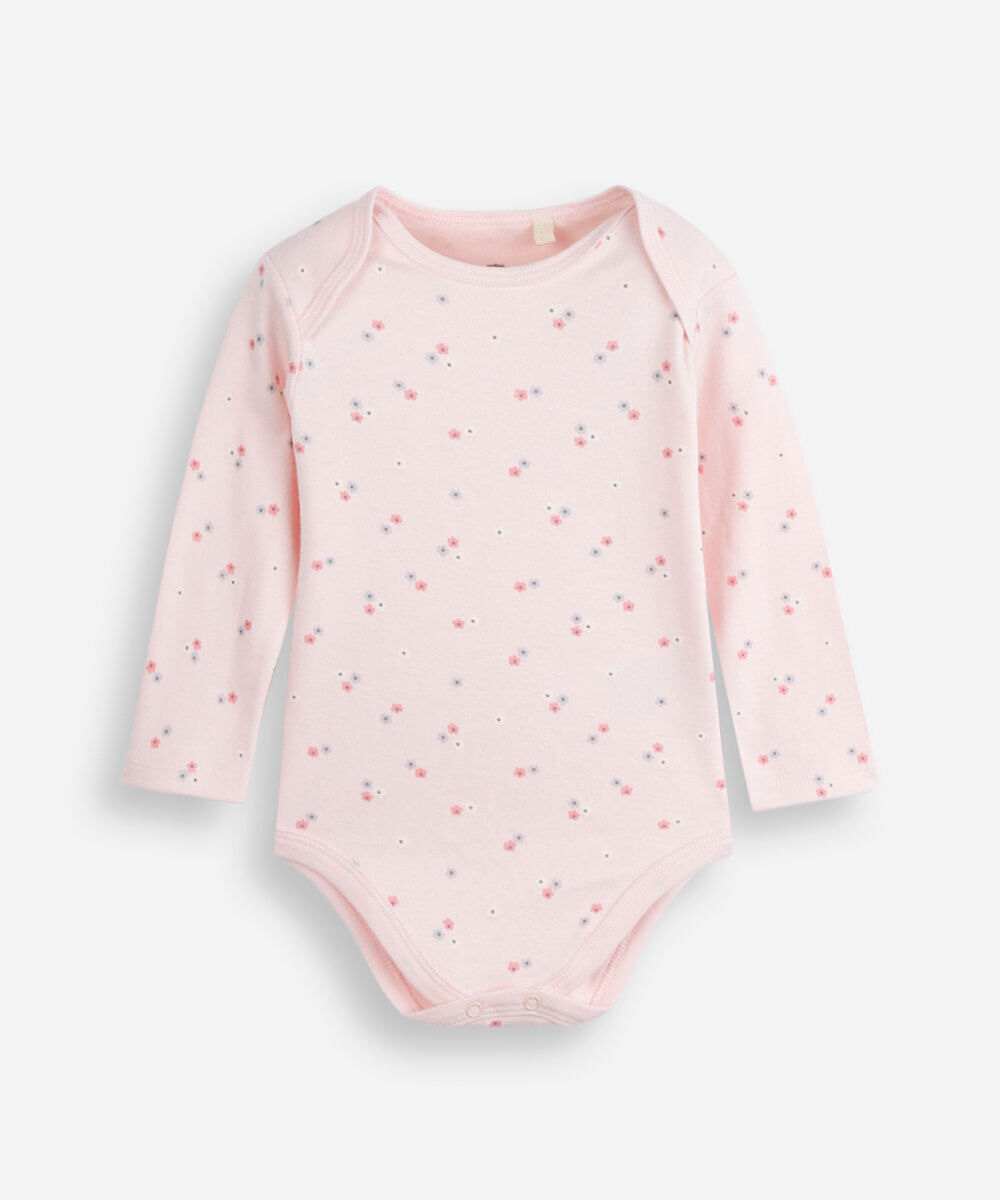 body infantil de algodão manga longa floral rosa