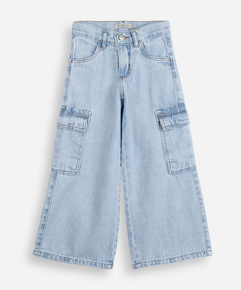 calça wide leg cargo infantil jeans cintura média azul