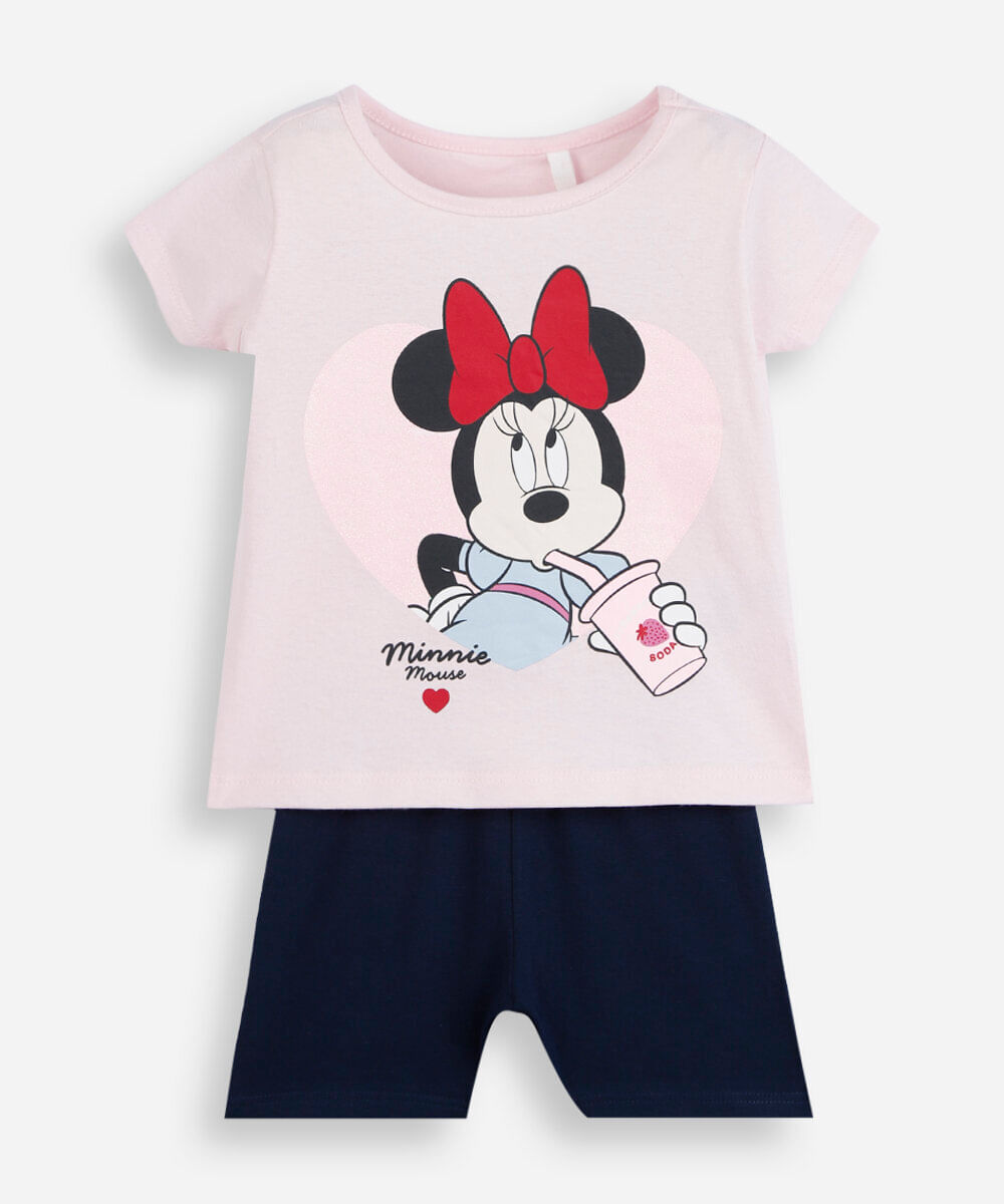 conjunto curto infantil de algodão minnie colorido