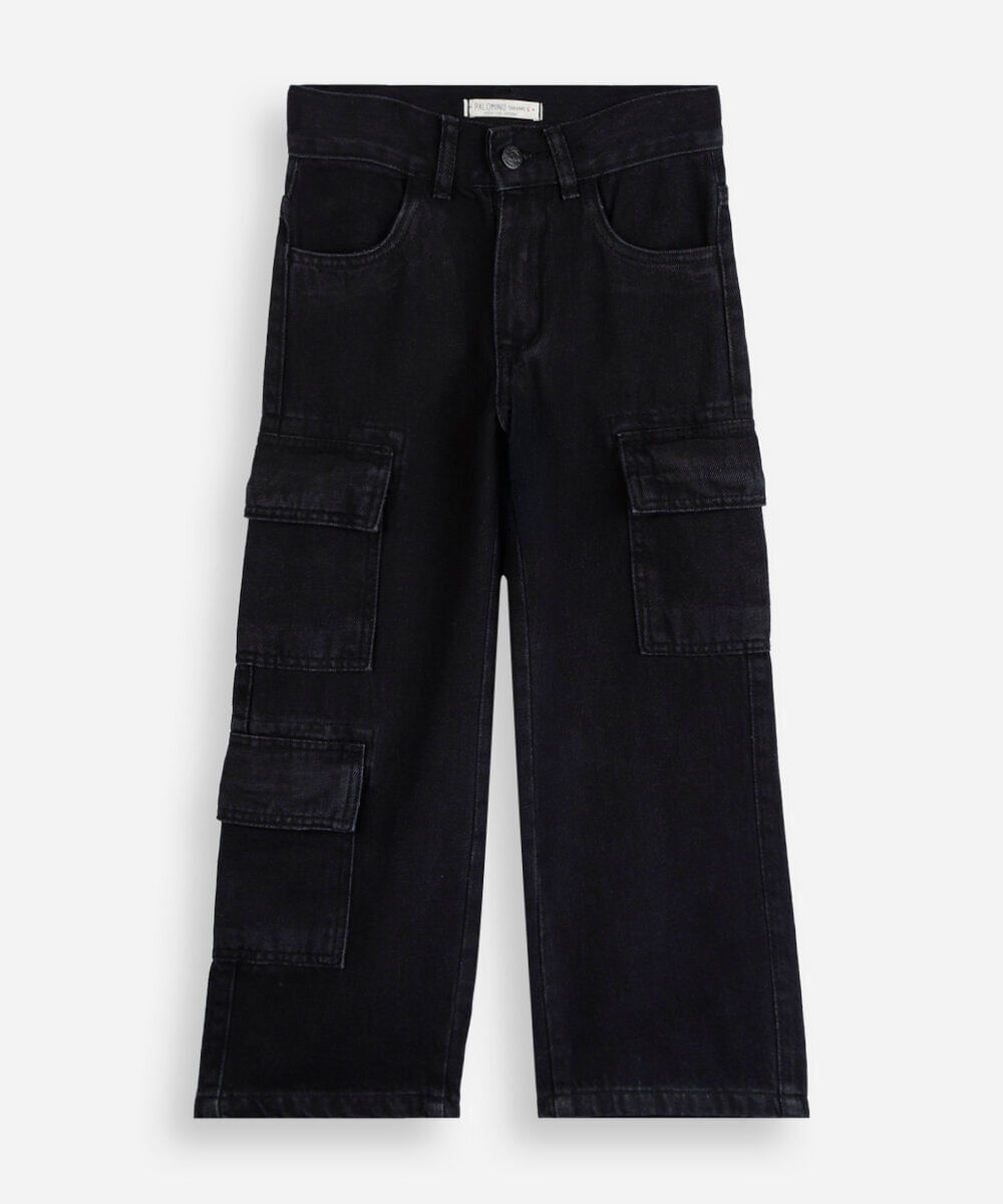 calça jeans cargo larga Infantil preta