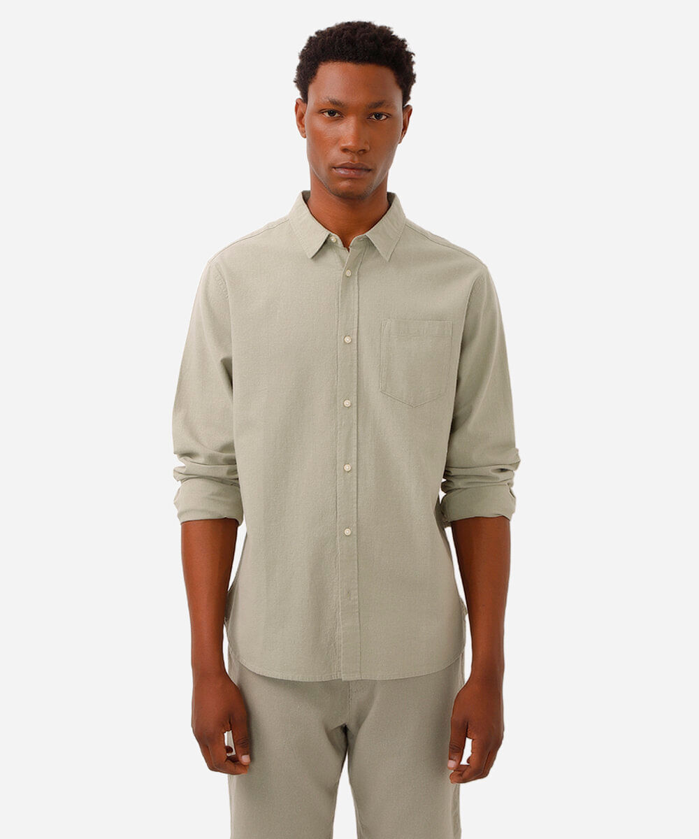 camisa comfort com linho manga longa verde