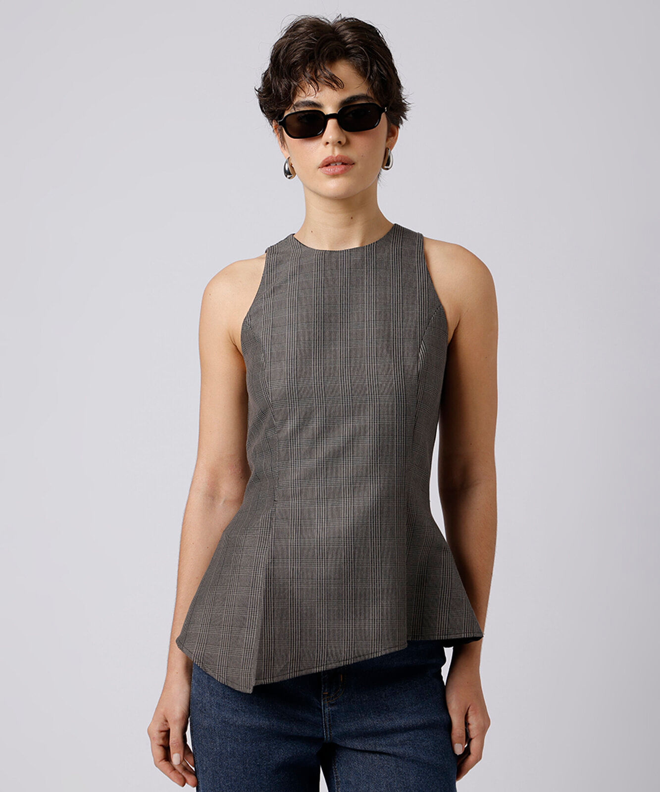 blusa peplum feminina de alfaiataria xadrez mindset cinza