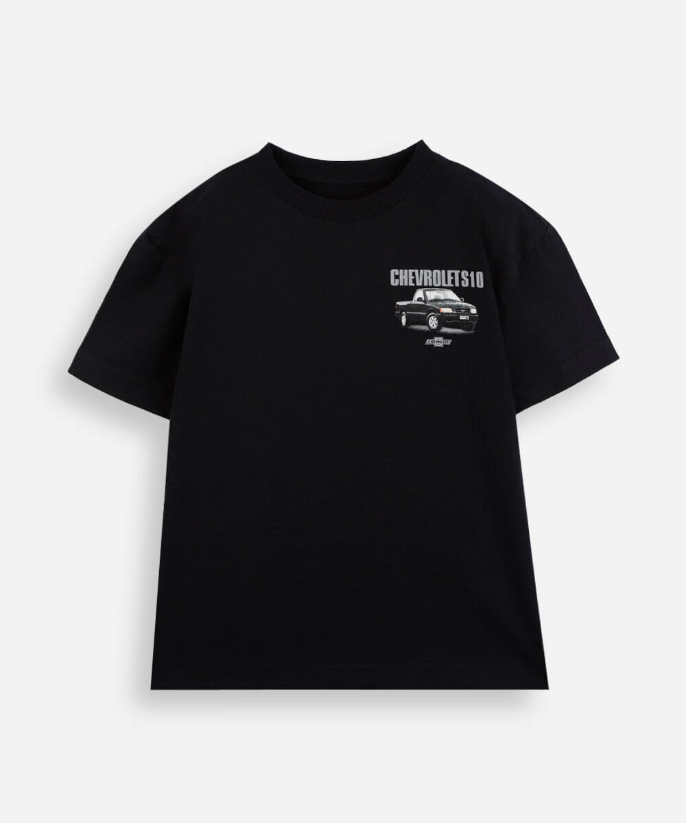 camiseta infantil de algodão manga curta chevrolet preta