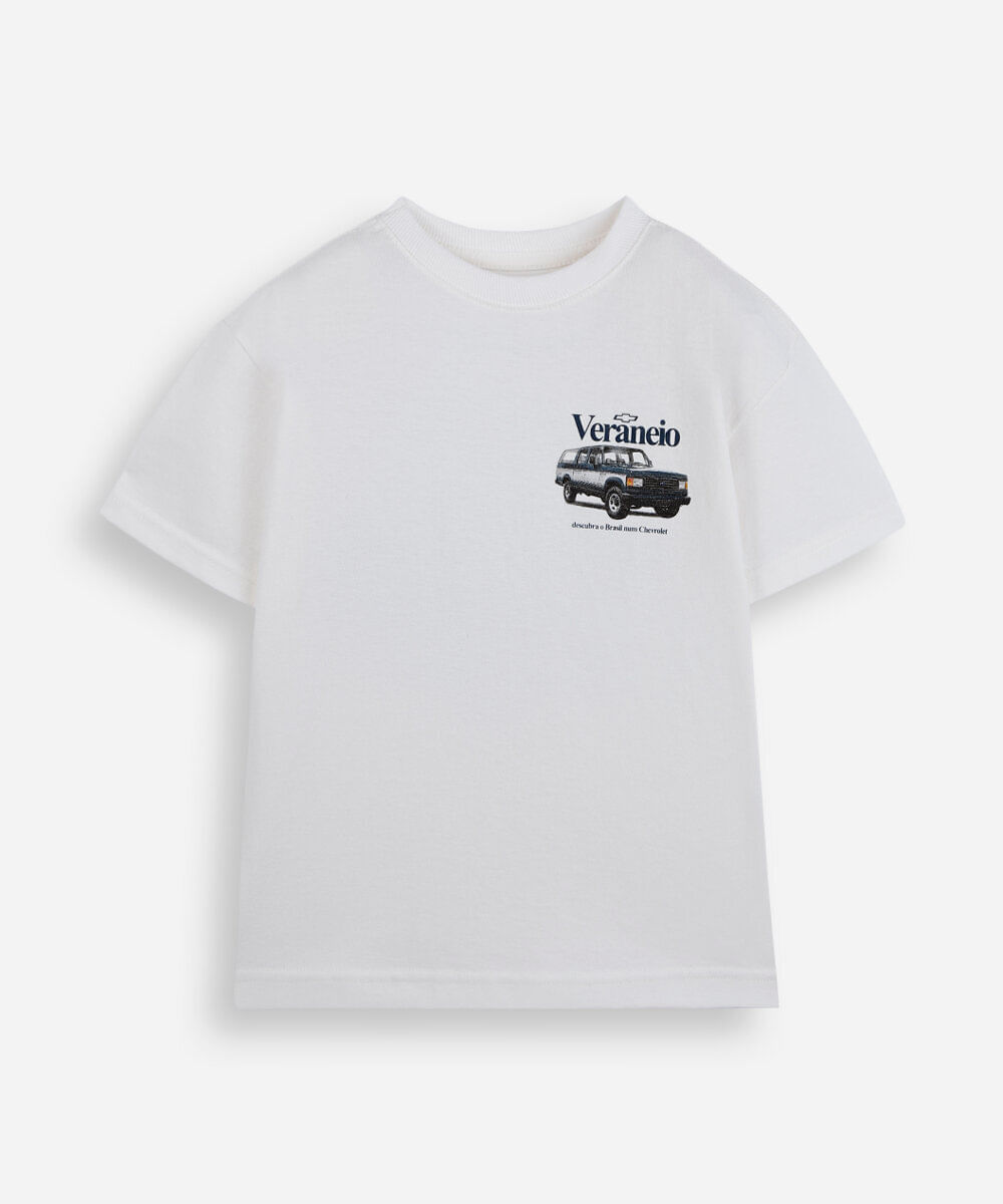 camiseta infantil de algodão manga curta chevrolet veraneio off white