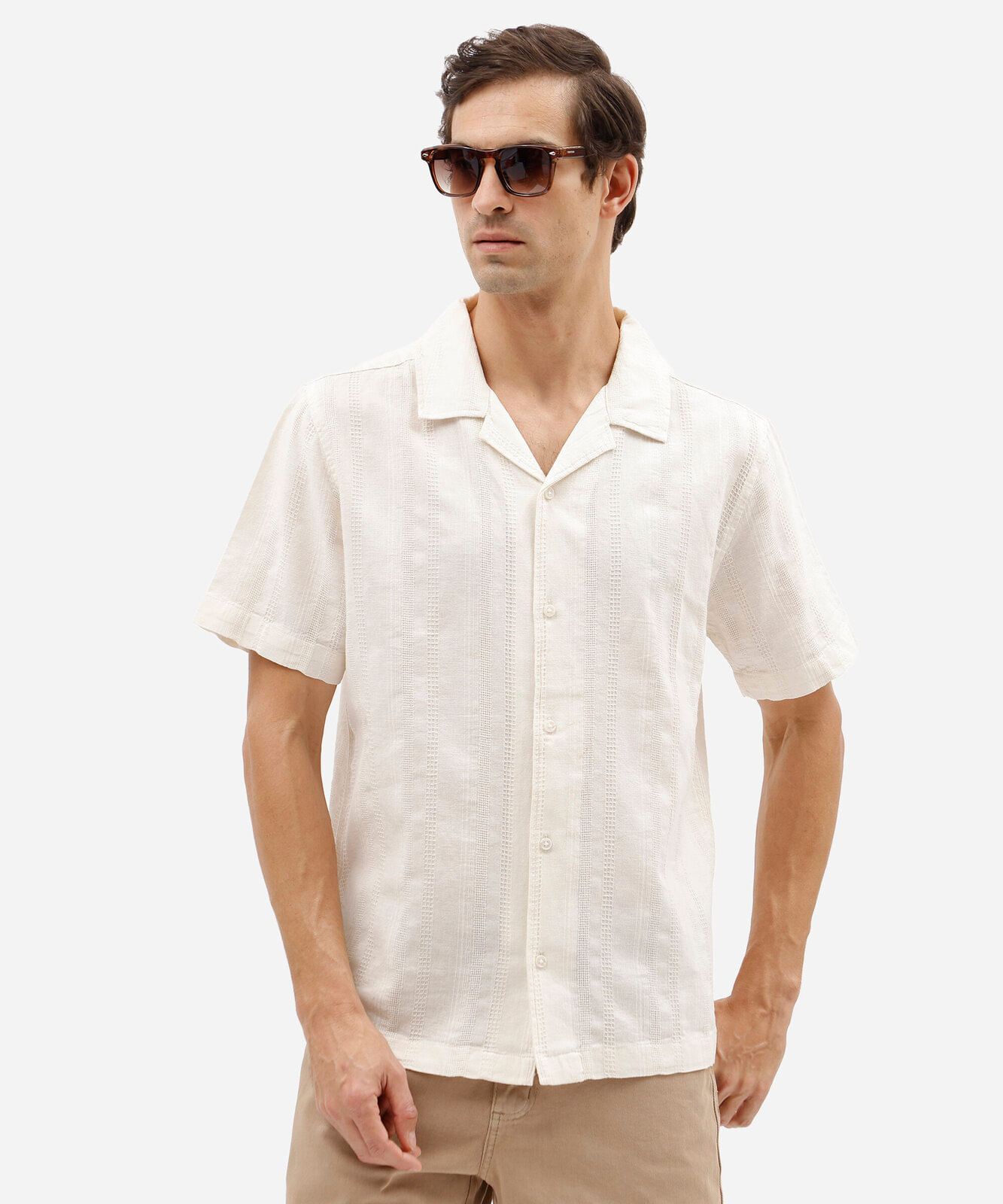 camisa masculina comfort de algodão com linho texturizada off white