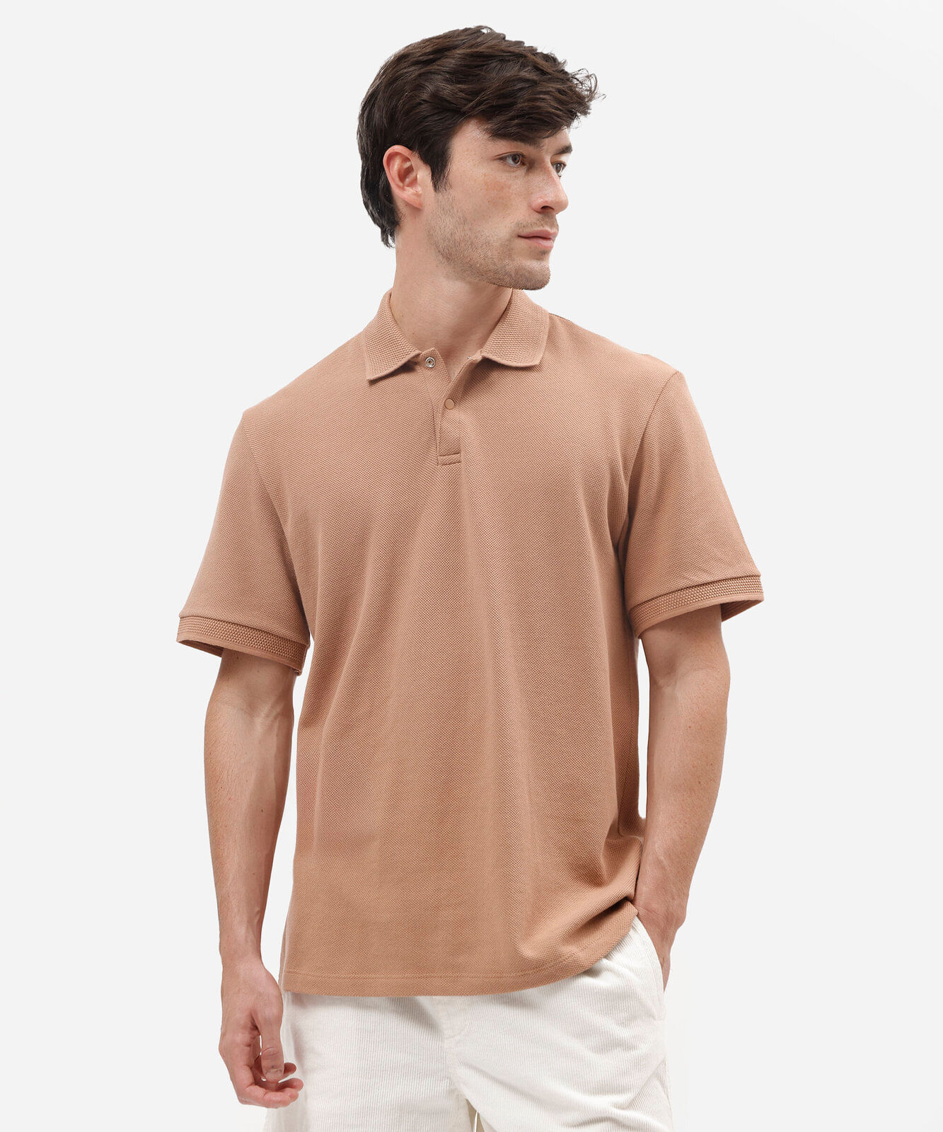 camisa polo comfort masculina texturizada em malha piquet bege