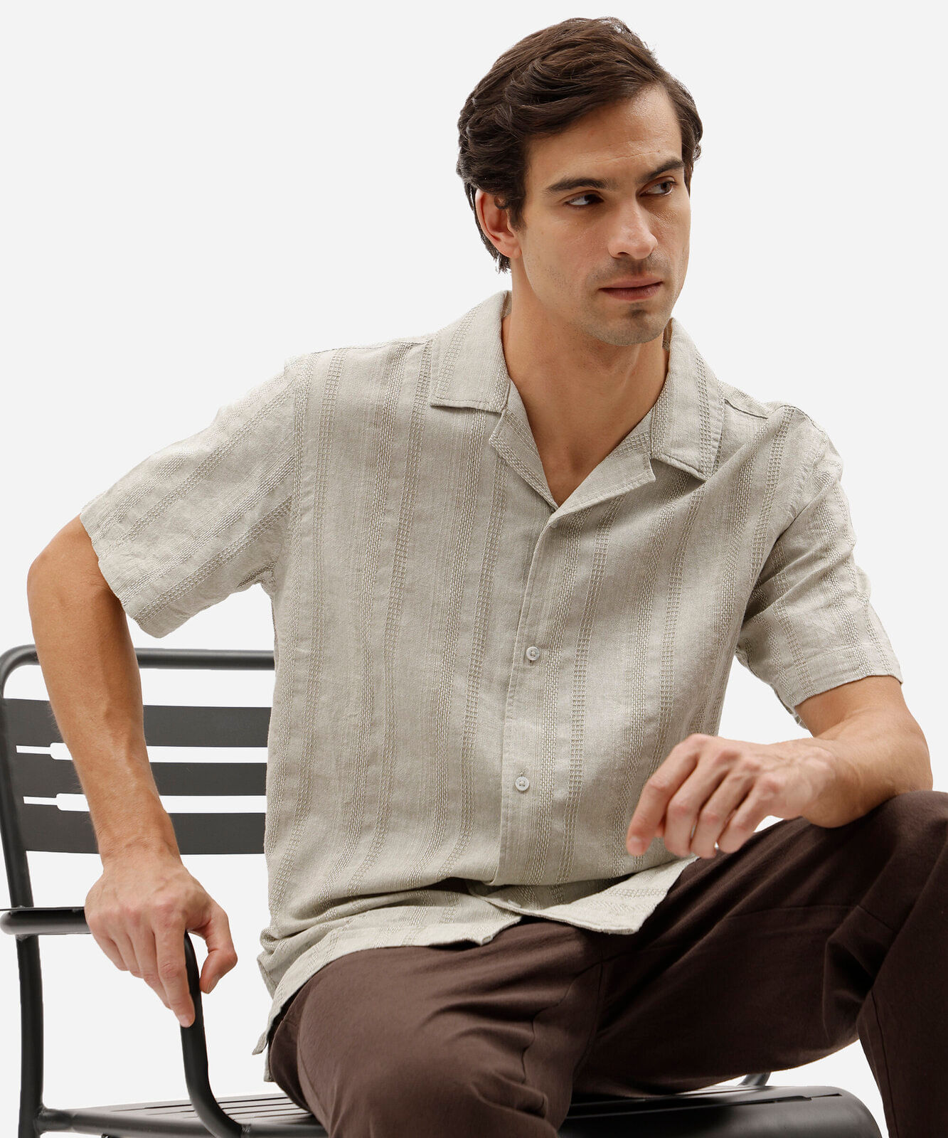 camisa masculina comfort de algodão com linho texturizada verde