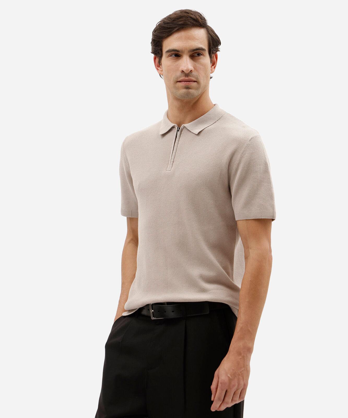 polo masculina de algodão manga curta texturizada bege