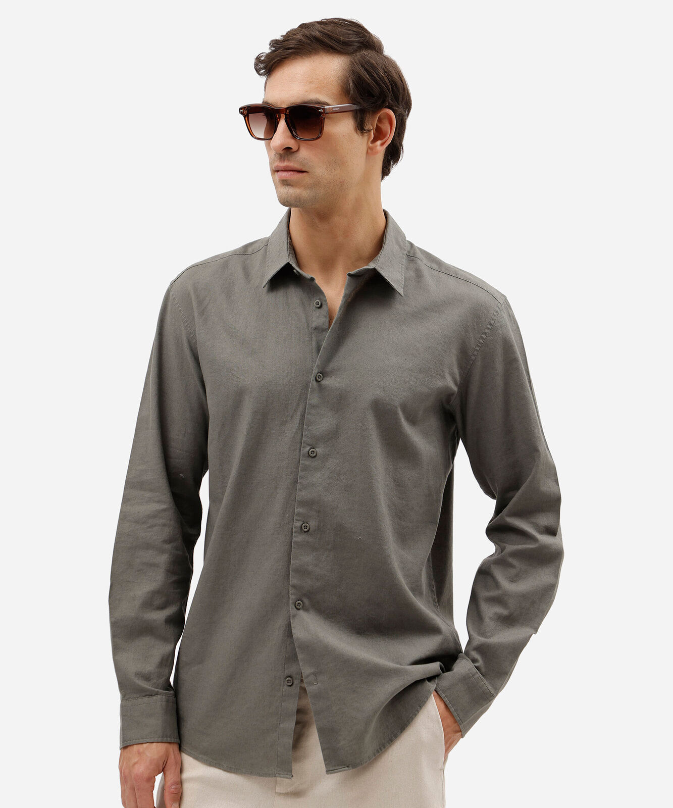 camisa masculina com linho manga longa verde